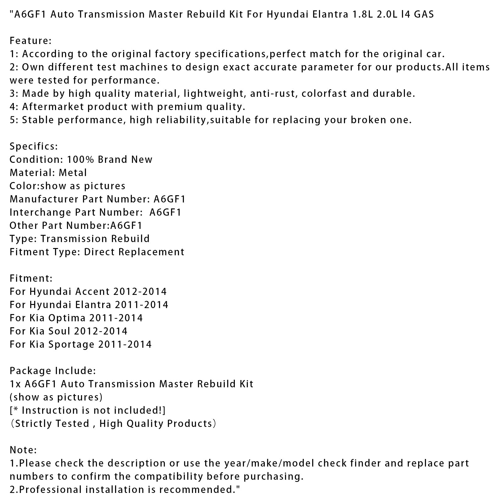 2011-2014 Hyundai Elantra  A6GF1 Auto Transmission Master Rebuild Kit