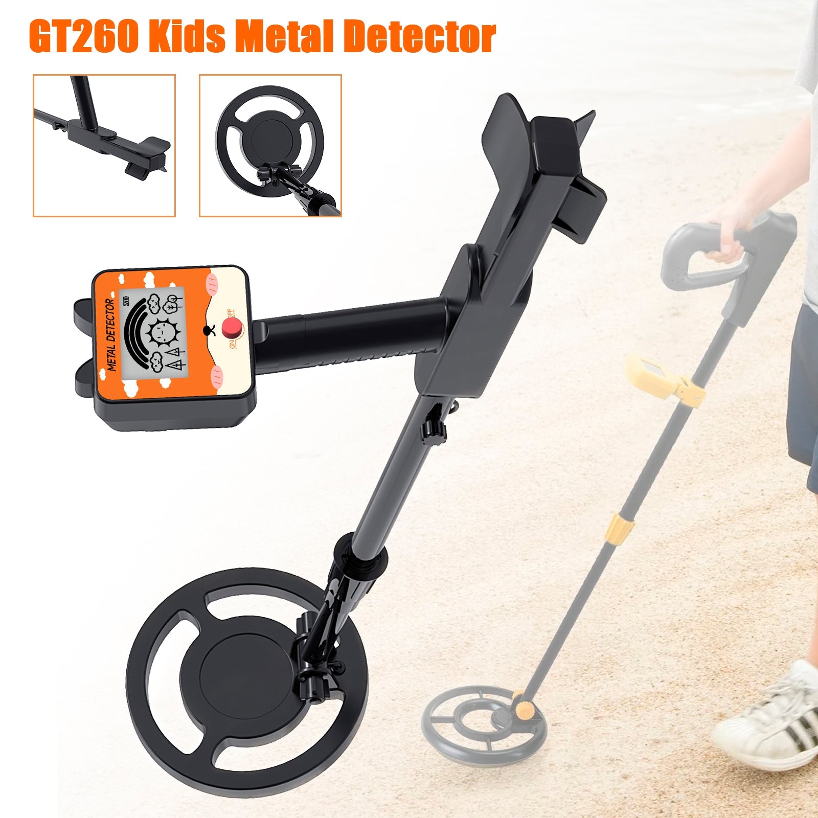 GT260 Kids Child Treasure Seeker Metal Detector Waterproof 6.3"Search Coil Black