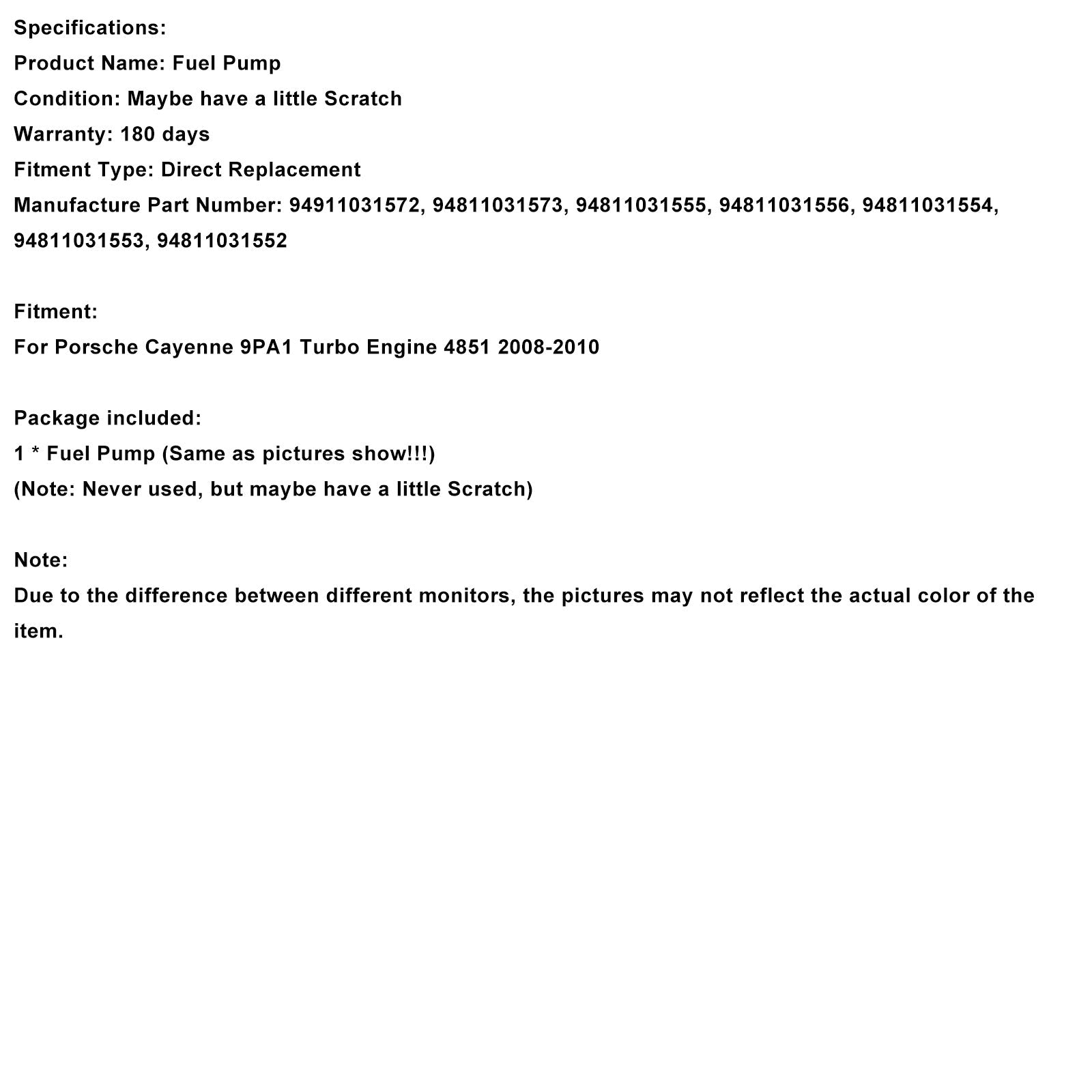 2008-2010 Porsche Cayenne 9PA1 Turbo Engine 4851 High Pressure Fuel Pump 94811031555 94911031572