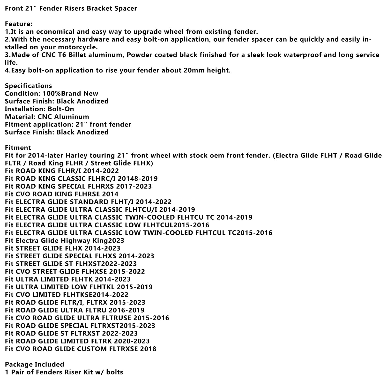 Front 21" Fender Risers Bracket Spacer For touring Electra Street Glide 2014+