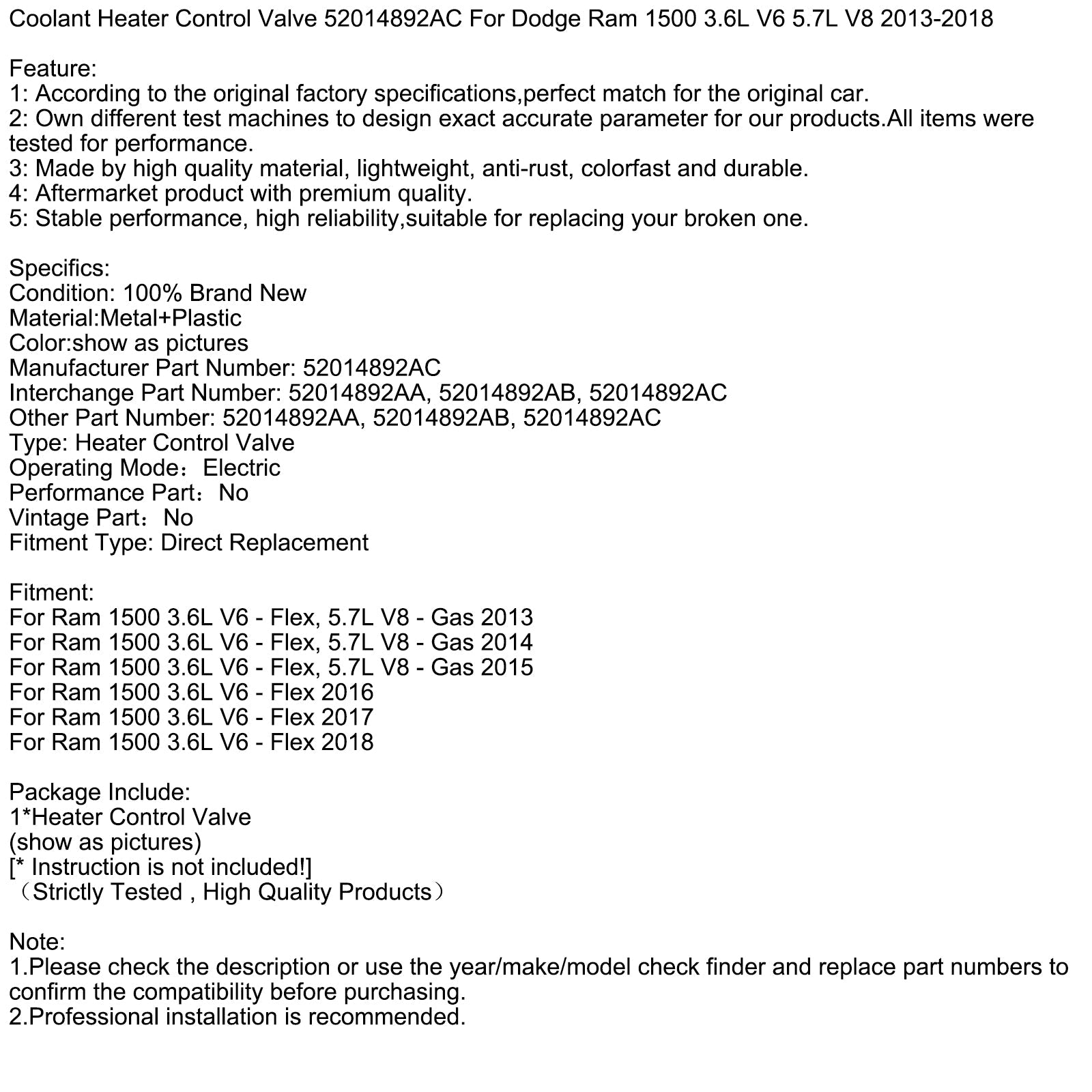 2016-2018 Ram 1500 3.6L V6 Flex Coolant Heater Control Valve 52014892AC