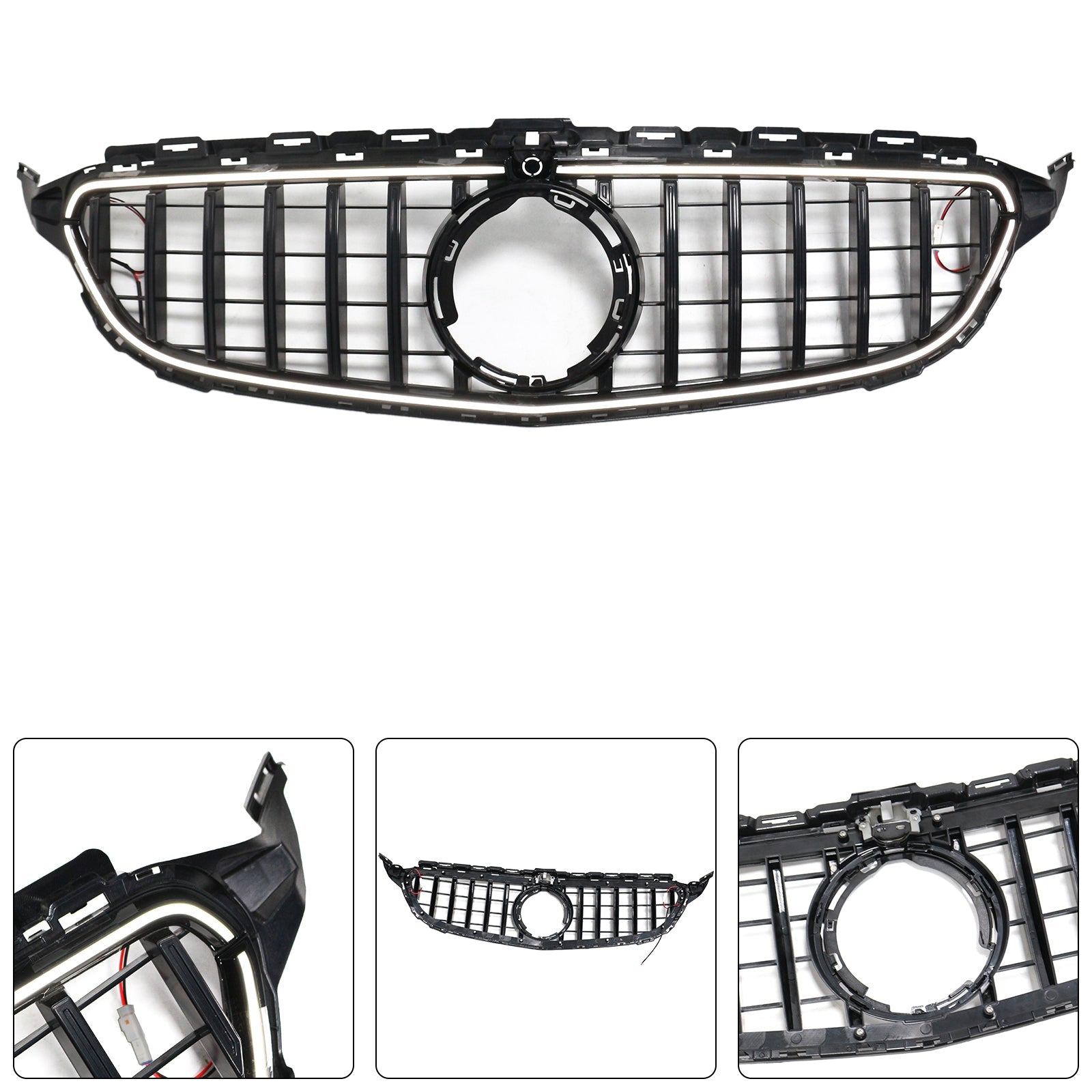 Black Front Bumper Grill Grille Fit Mercedes W205 C250 C300 2015-2021 W/LED