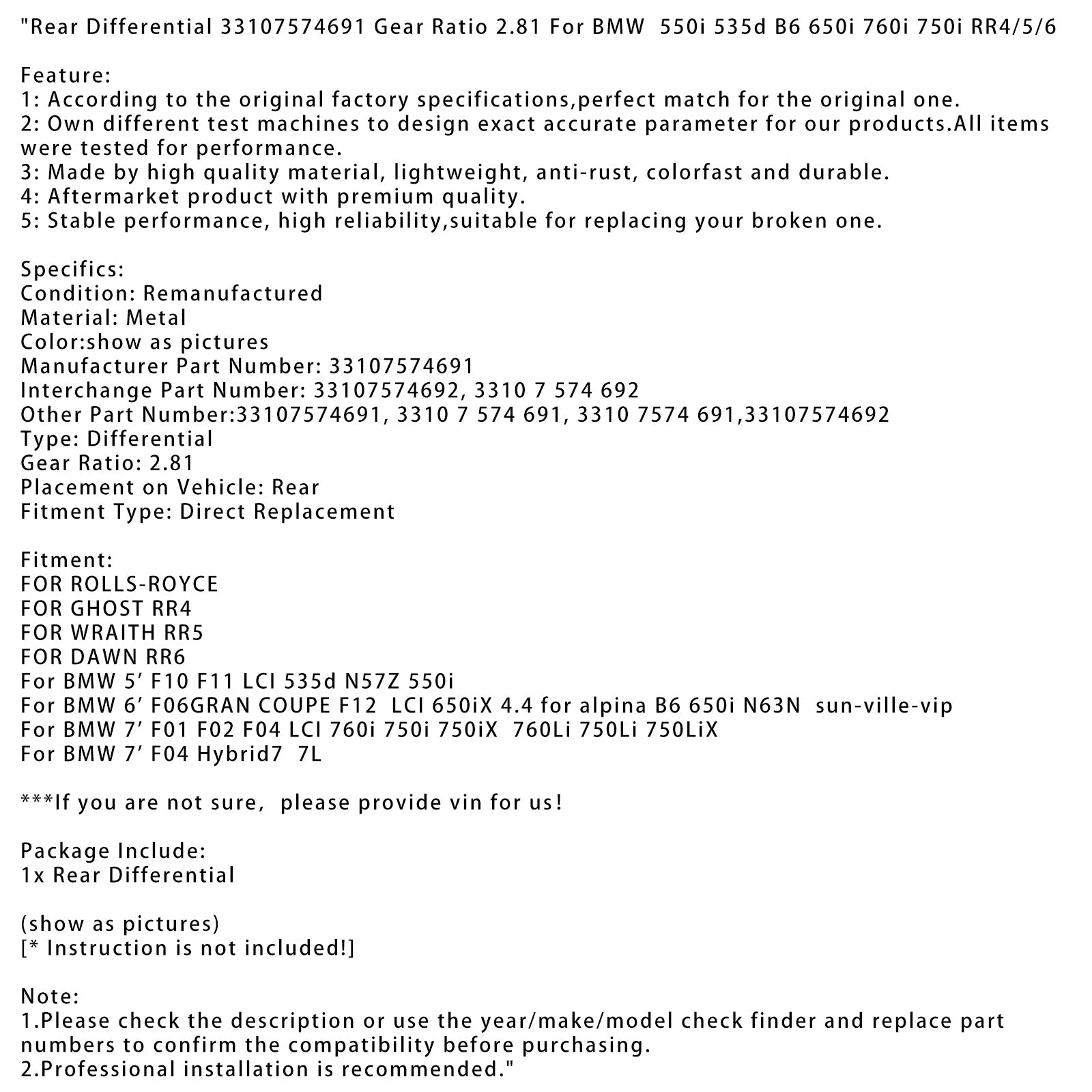 Rear Differential 33107574691 Gear Ratio 2.81 For BMW  550i 535d B6 650i 760i