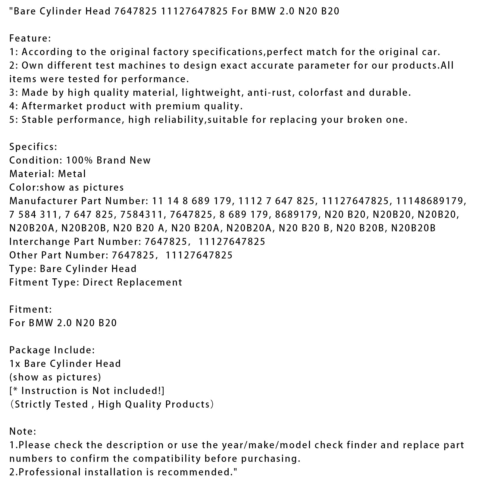 BMW 2.0 N20 B20 Bare Cylinder Head 7647825 11127647825