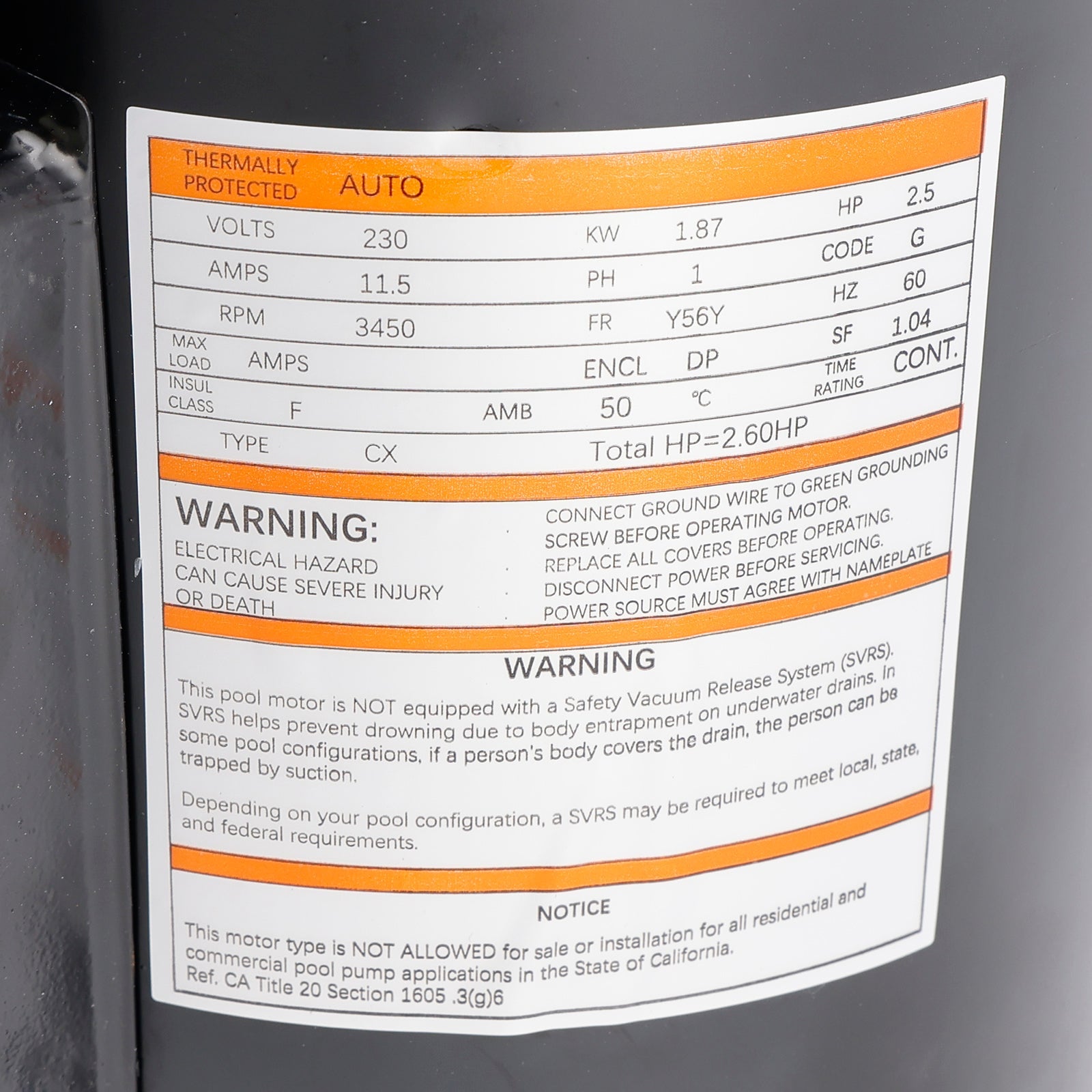 B2840 B840 2.5HP 230V Pool Pump Motor 56Y Frame Square Flange