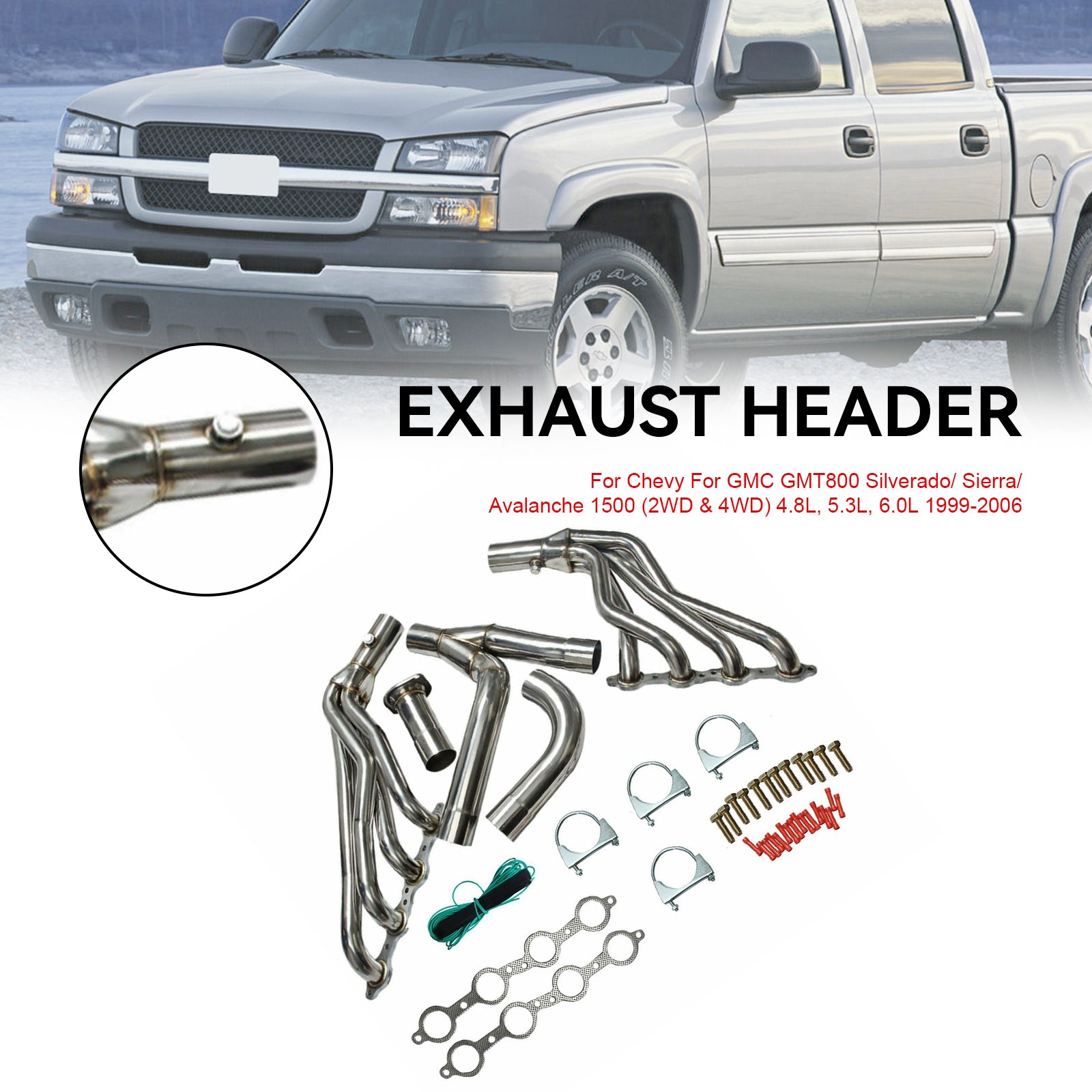 Exhaust Header fit Chevy GMT800 Silverado/Sierra 1500 2WD/4WD 4.8 5.3 6.0 99-06