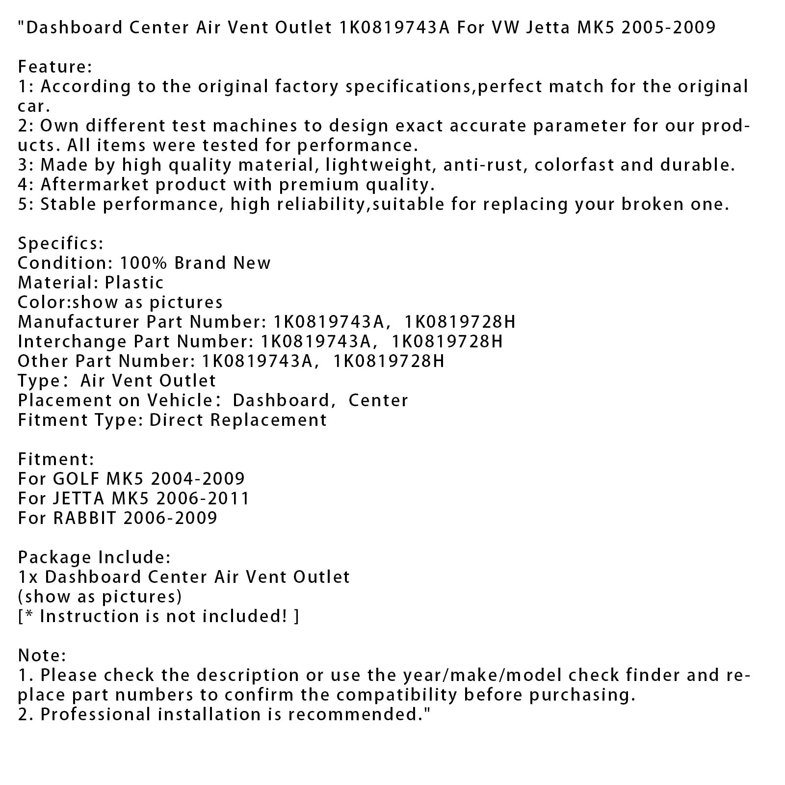 2004-2009 GOLF MK5 Dashboard Center Air Vent Outlet 1K0819743A