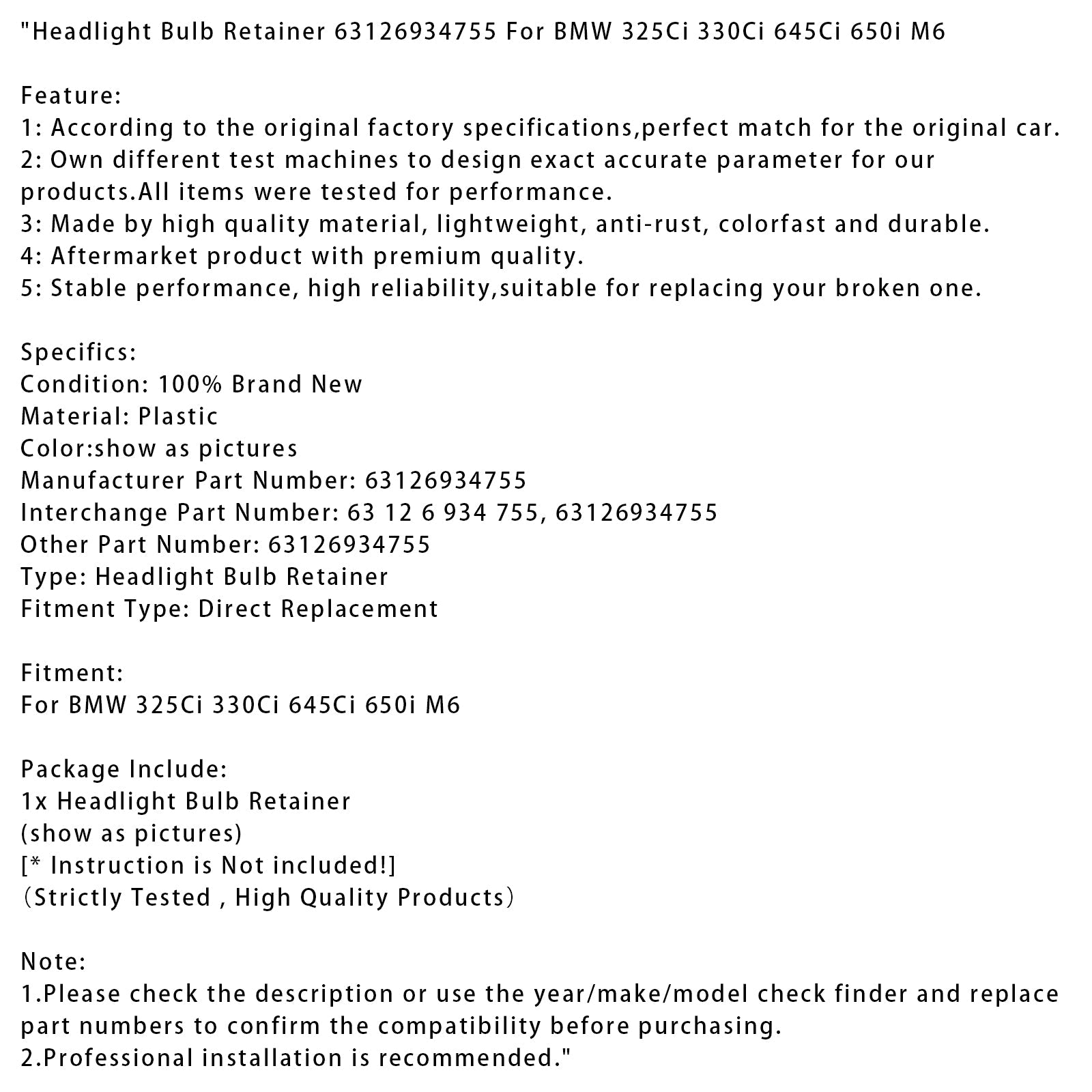 BMW 325Ci 330Ci 645Ci 650i M6 Headlight Bulb Retainer 63126934755