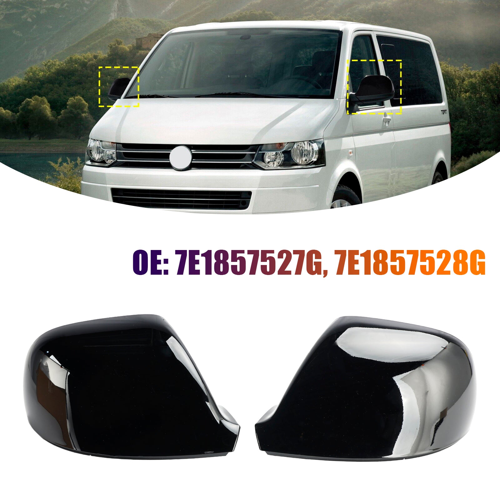 VW T6 Transporter 2015-2019 Tapas de cubierta de espejo retrovisor negro brillante izquierda + derecha