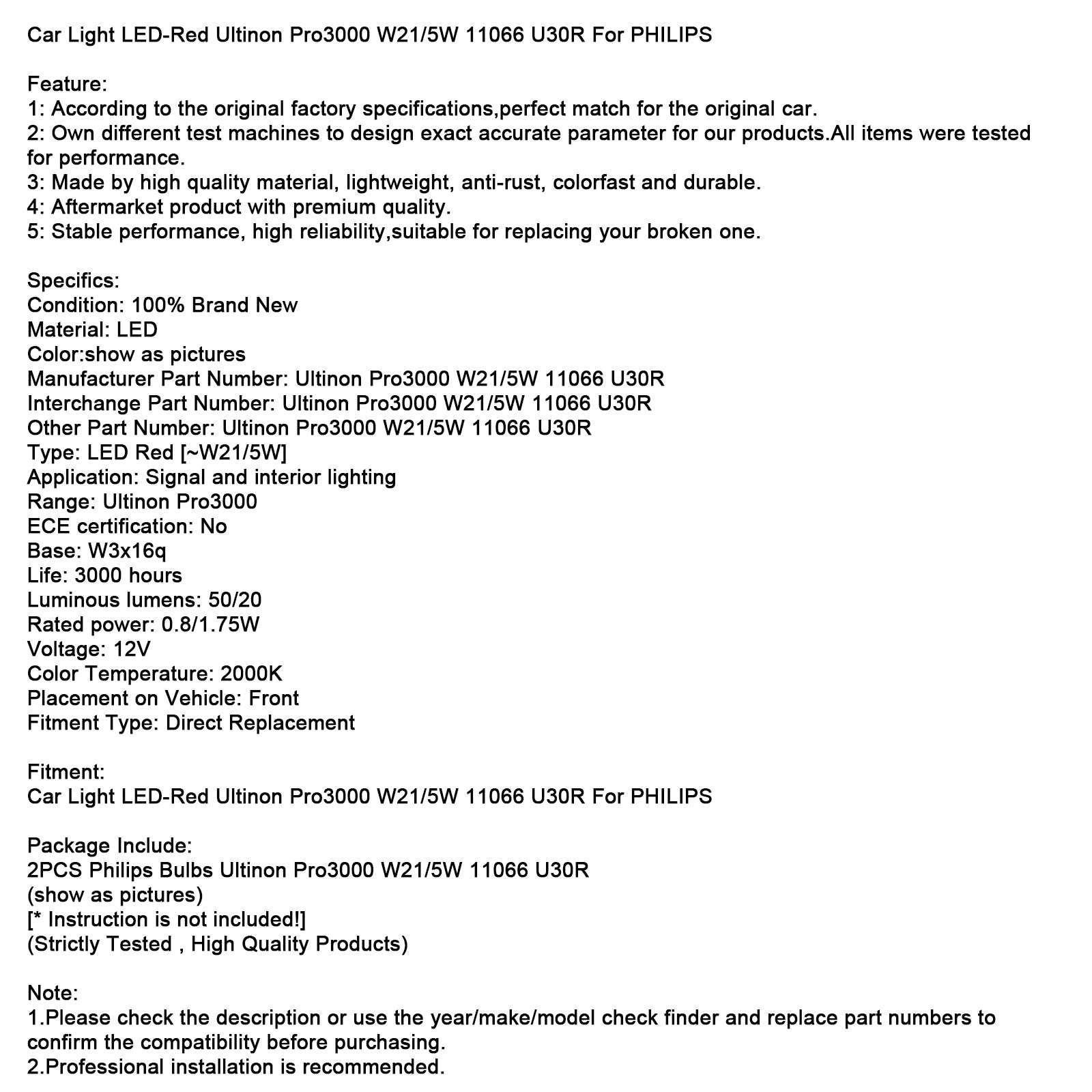 Car Light LED-Red Ultinon Pro3000 W21/5W 11066 U30R For PHILIPS