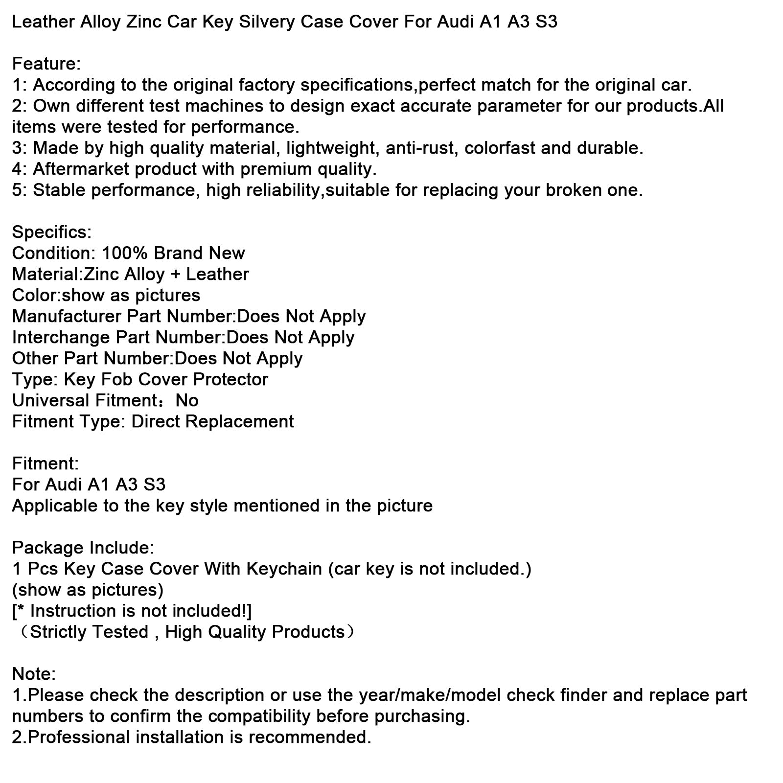 Audi A1 A3 S3 Leather Alloy Zinc Car Key Silvery Case Cover