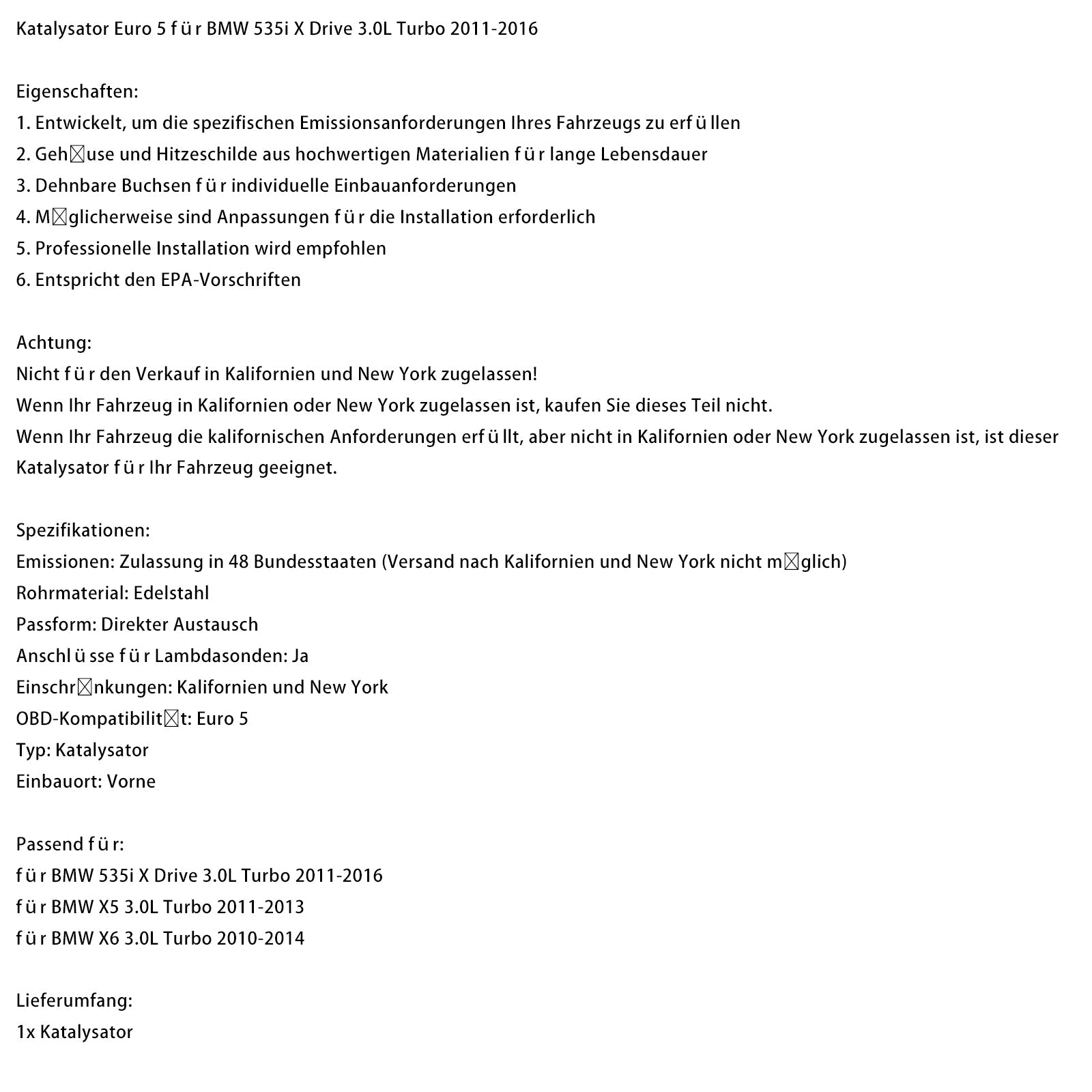 Catalytic Converter Euro 5 For BMW 535i X Drive 3.0L Turbo 2011-2016