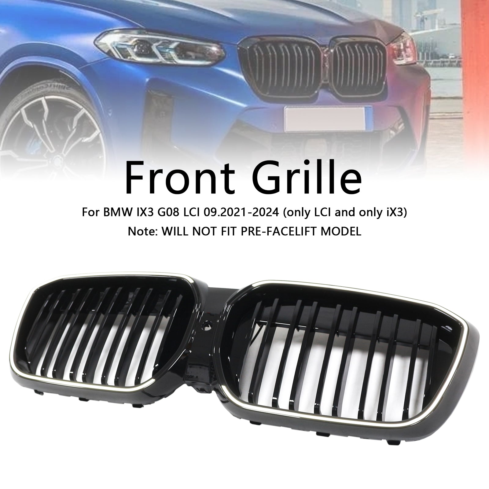 Double Slat Gloss Black Front Kidney Grill Grille Fit BMW IX3 G08 LCI 2022-2024