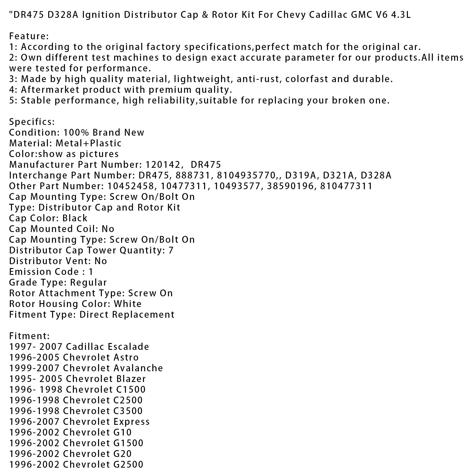 DR475 D328A Ignition Distributor Cap & Rotor Kit For Chevy Cadillac GMC V6 4.3L