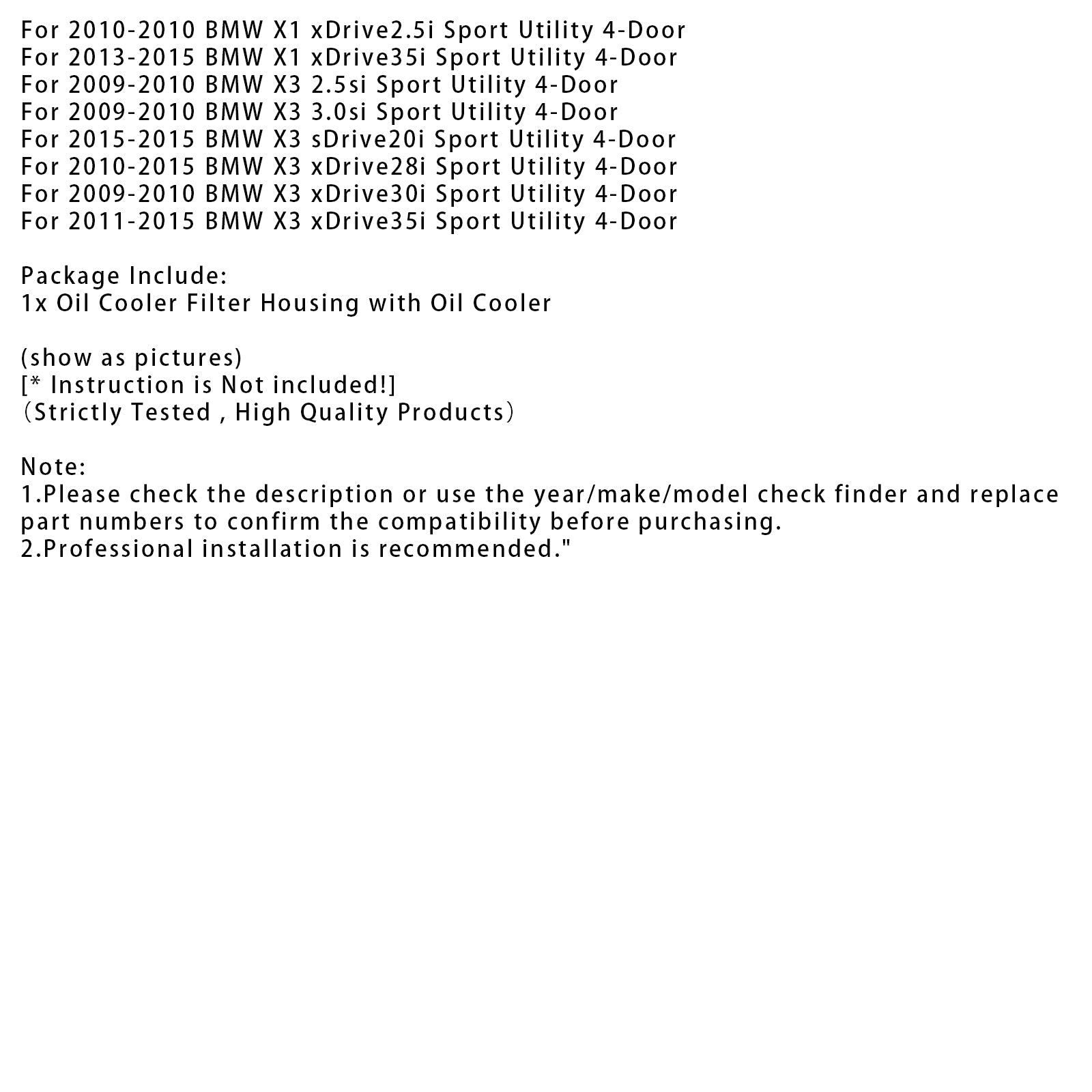 2010-2015 BMW X3 xDrive28i Sport Utility 4-Door Engine Oil Cooler Oil Filter Assembly 11428637812