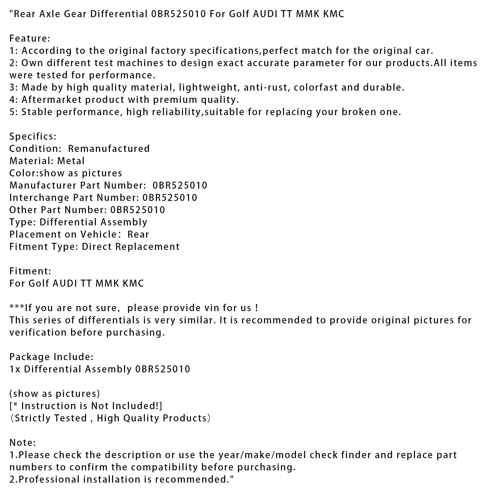 Golf AUDI TT MMK KMC Rear Axle Gear Differential 0BR525010