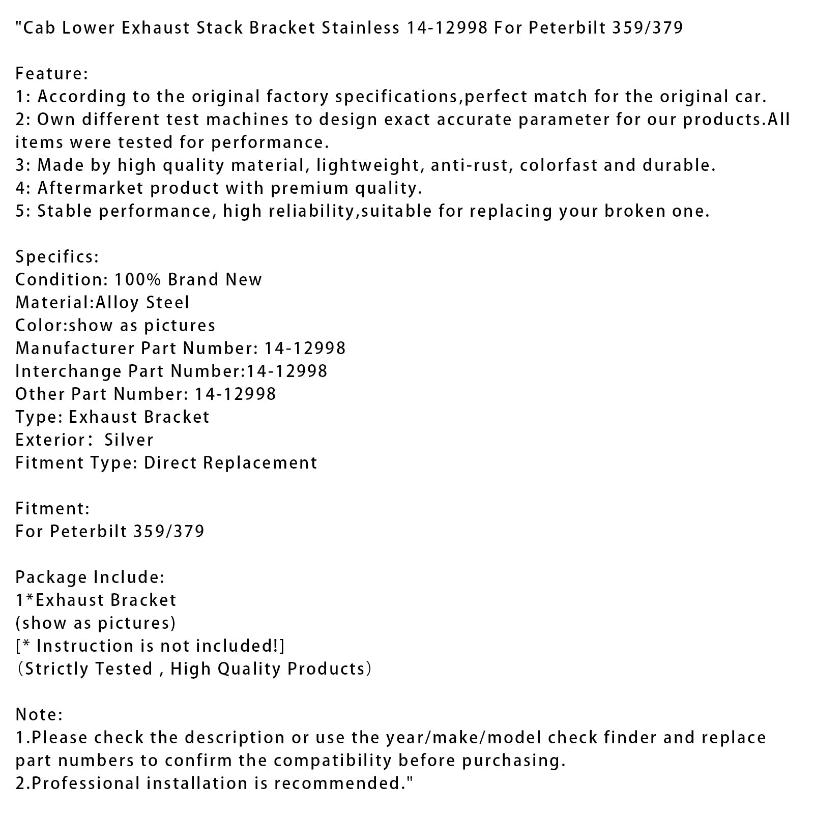 Peterbilt 359/379 Cab Lower Exhaust Stack Bracket Stainless 14-12998