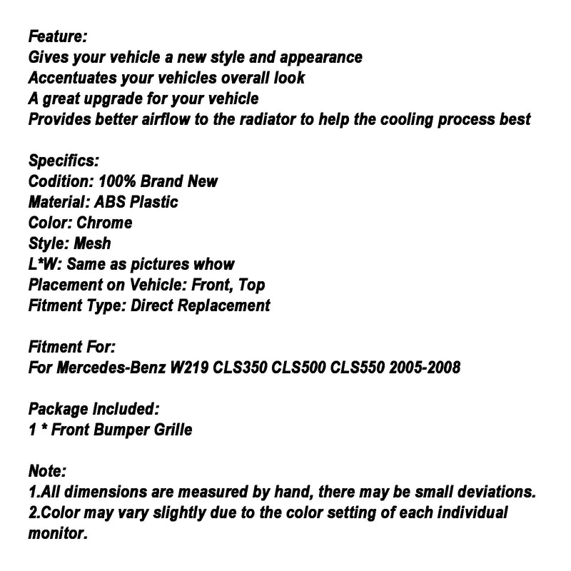Rejilla de parachoques delantero compatible con Mercedes Benz W219 CLS350 CLS500 CLS550 2005-2008