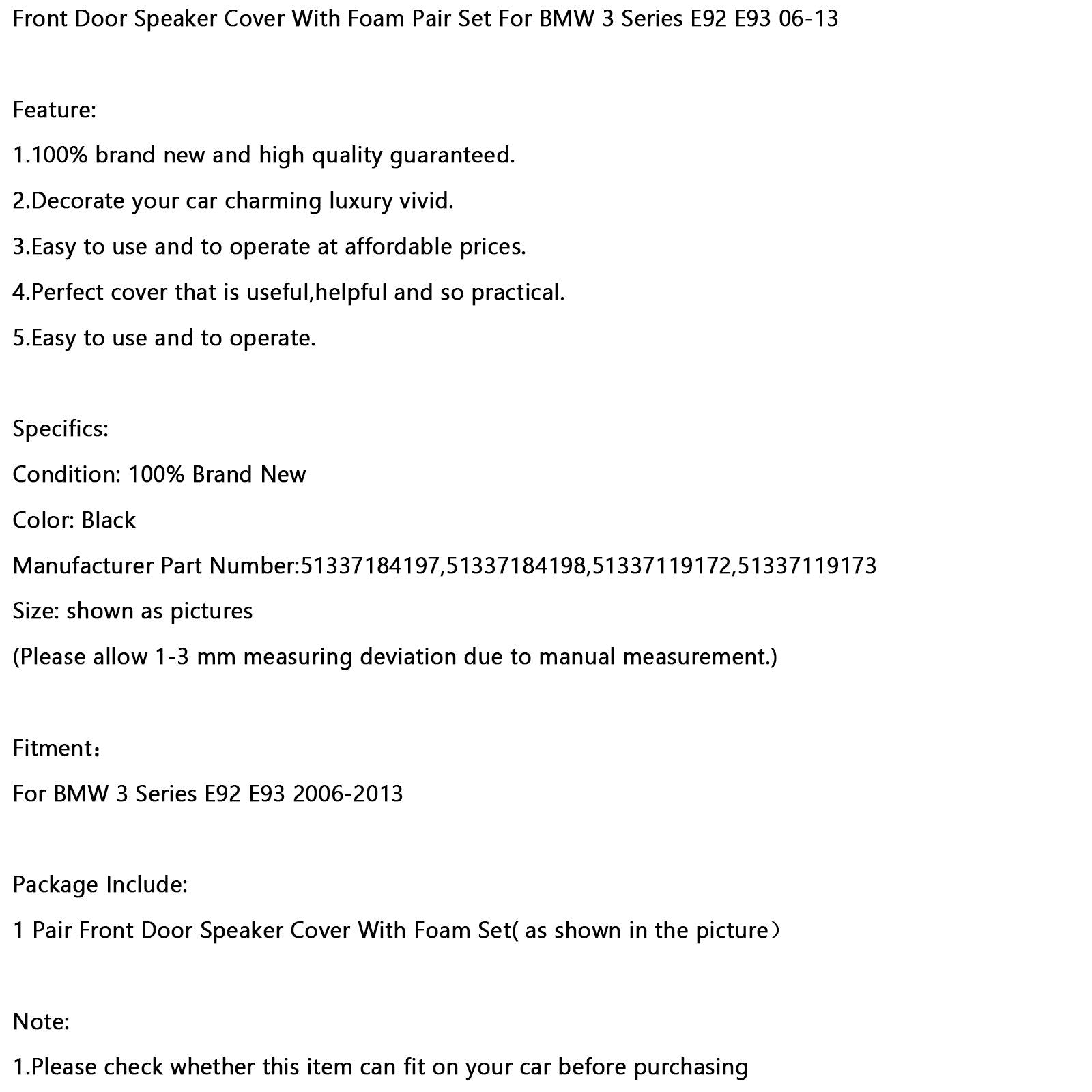2006-2013 BMW 3 시리즈 E92 E93 프론트 도어 스피커 커버 (폼 페어 세트 포함)