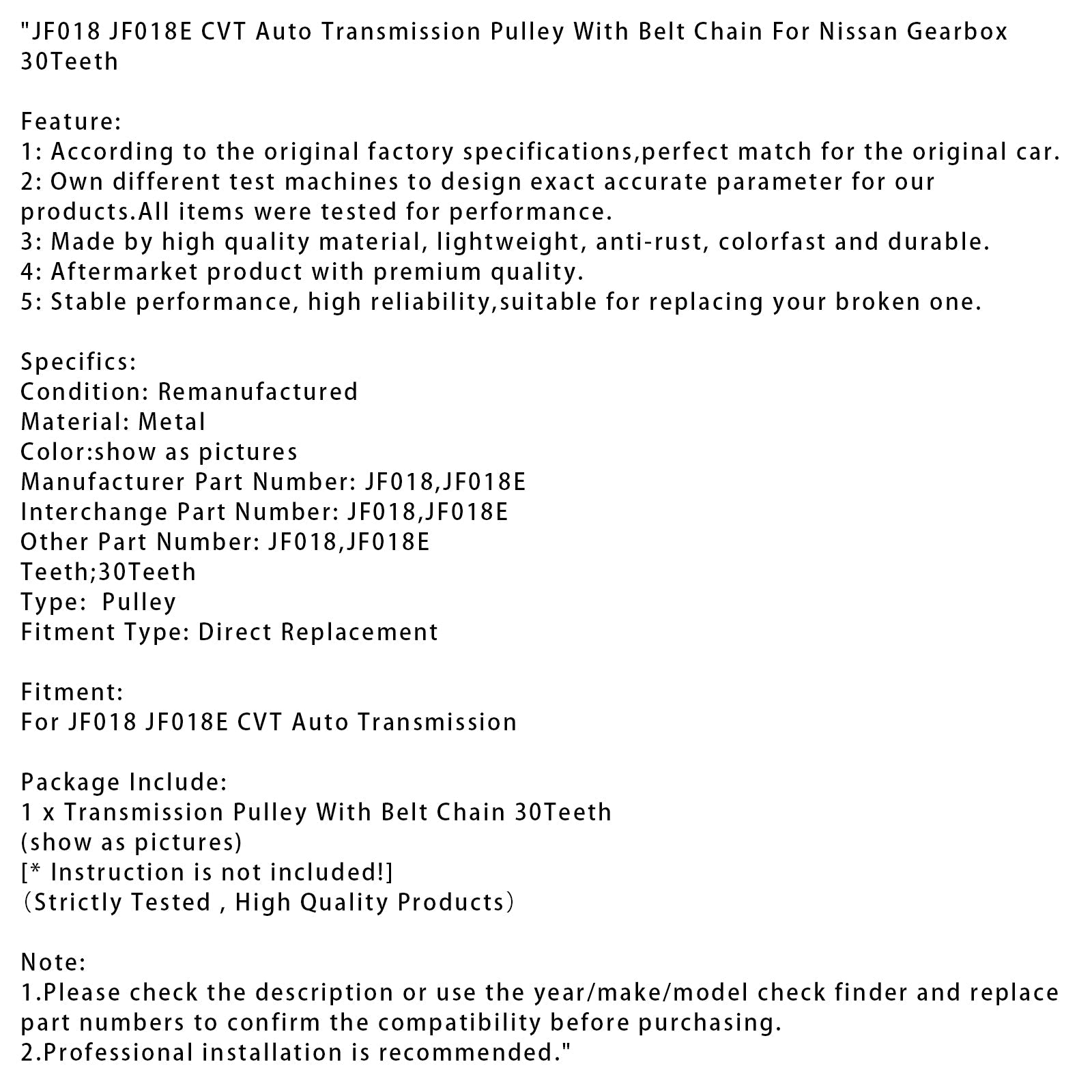 JF018 JF018E CVT Auto Transmission Pulley With Belt Chain For Nissan 30Teeth