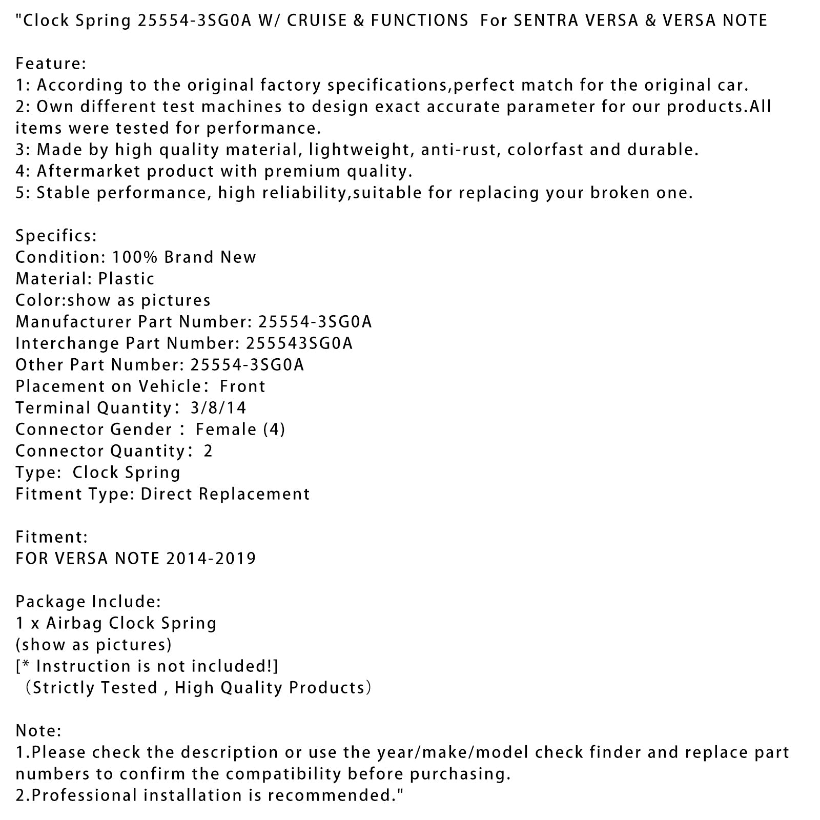 2014-2019 SENTRA VERSA 및 VERSA NOTE 클록 스프링 25554-3SG0A 크루즈 및 기능 25554-3SG0A 포함