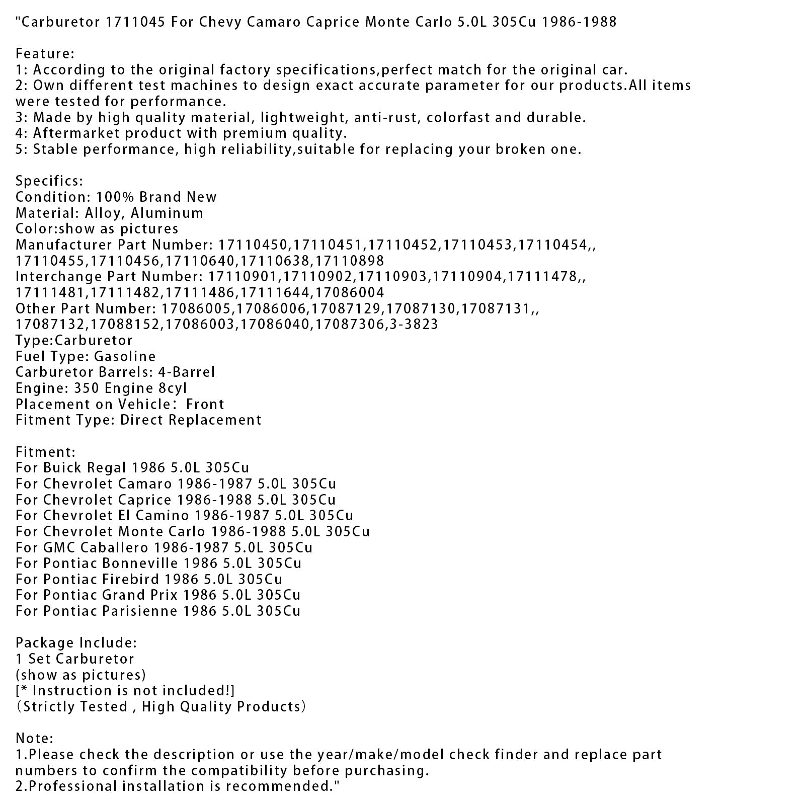 1986-1988 Chevrolet Monte Carlo 5.0L 305Cu Carburetor 1711045 17110901 17111478