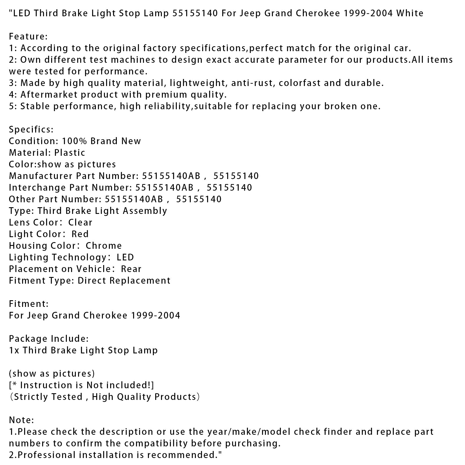 1999-2004 Jeep Grand Cherokee LED Third Brake Light Stop Lamp 55155140 White