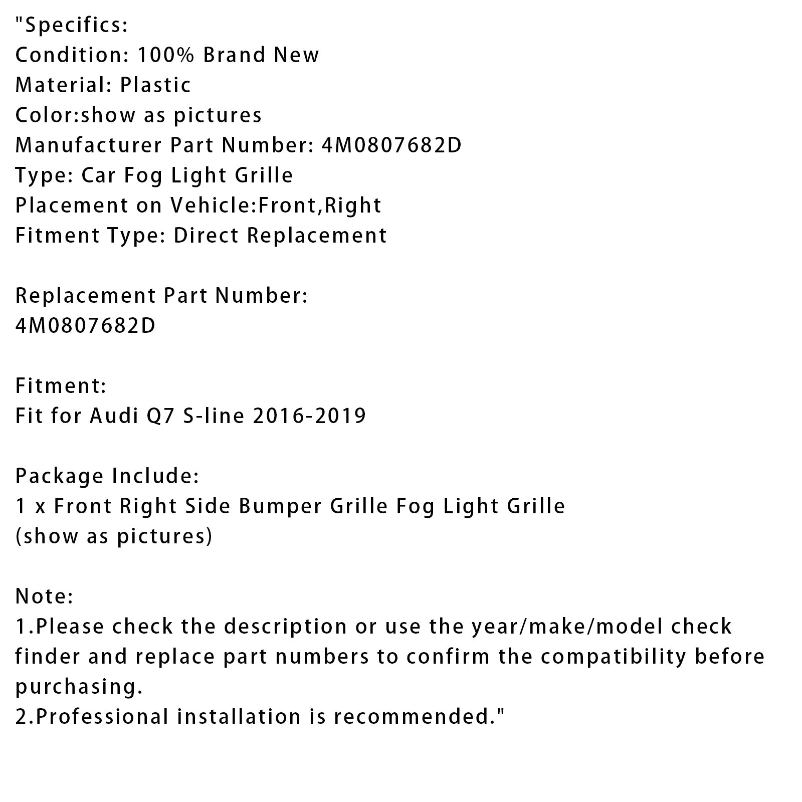 2016-2019 Audi Q7 S-Line Original Fog Light Grille Right Side 4M0807682D