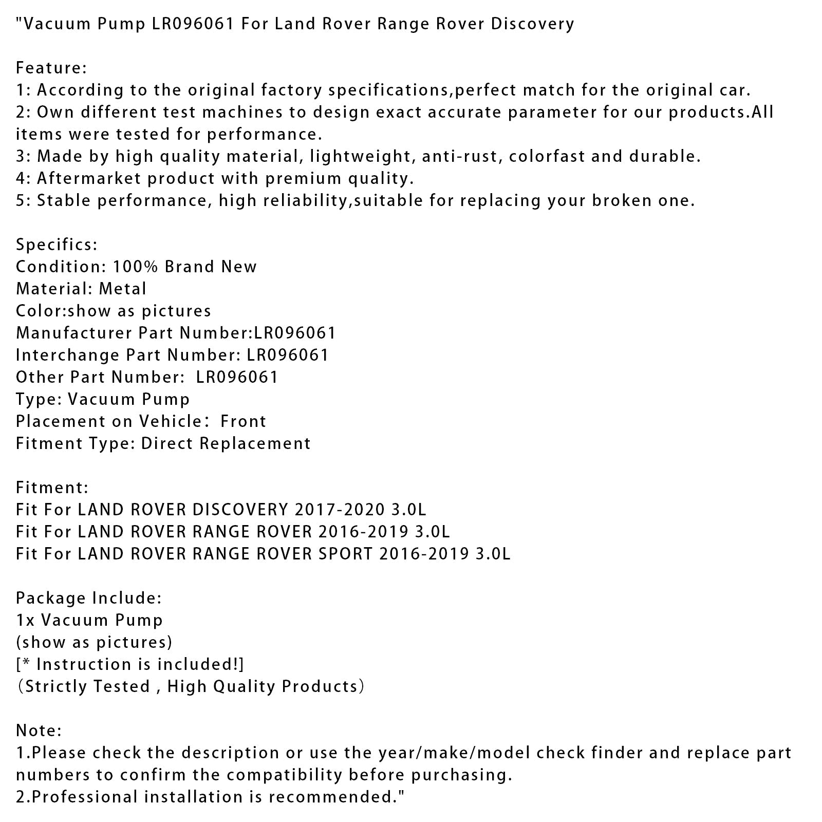 Vacuum Pump LR096061 For Land Rover Range Rover Discovery