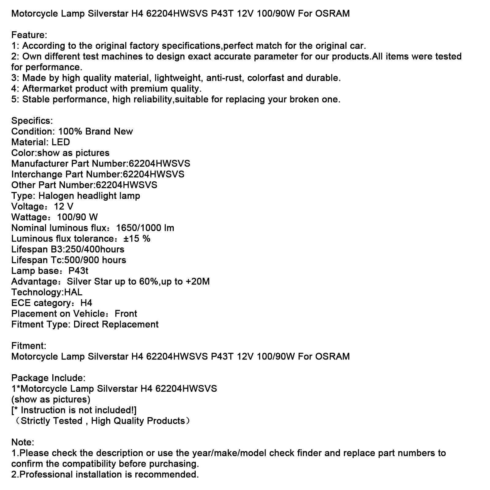 Motorcycle Lamp Silverstar H4 62204HWSVS P43T 12V 100/90W For OSRAM