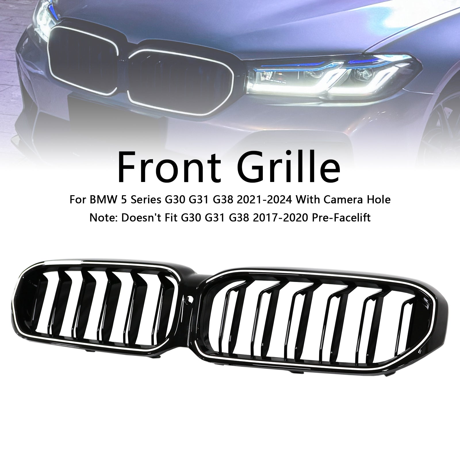 Double Slat Front Kidney Grille Fit BMW 5 Series G30 G38 2021-2024 Gloss Black