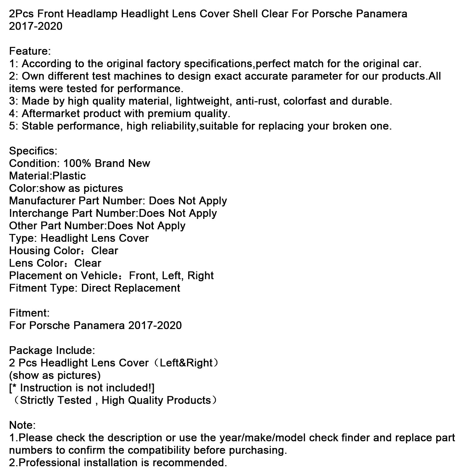 2017-2020 Porsche Panamera 2Pcs Front Headlight Lens Cover Shell Clear