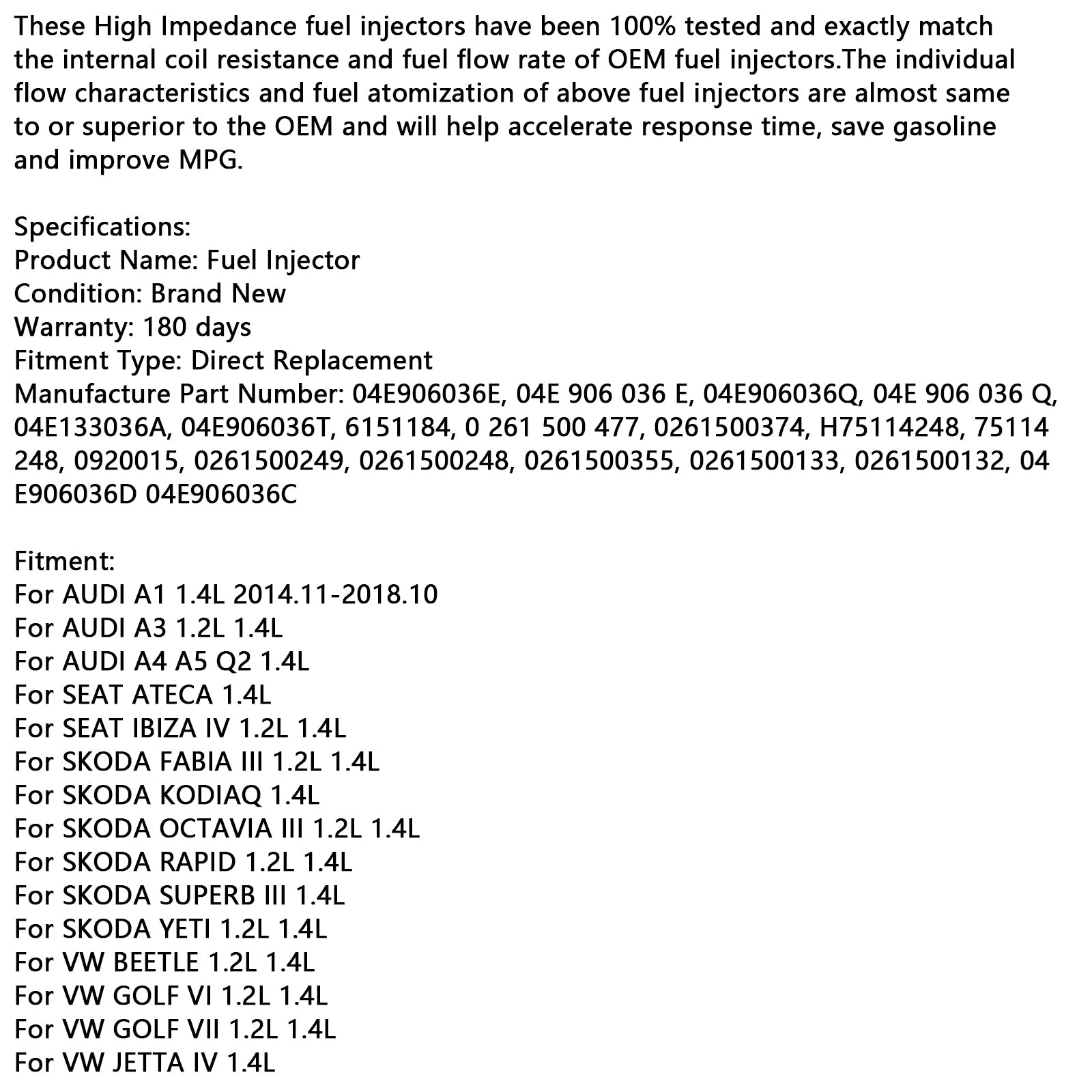 1PCS Fuel Injector 04E906036Q Fit Audi A3 Fit Seat Leon Fit Skoda Fit VW Passat