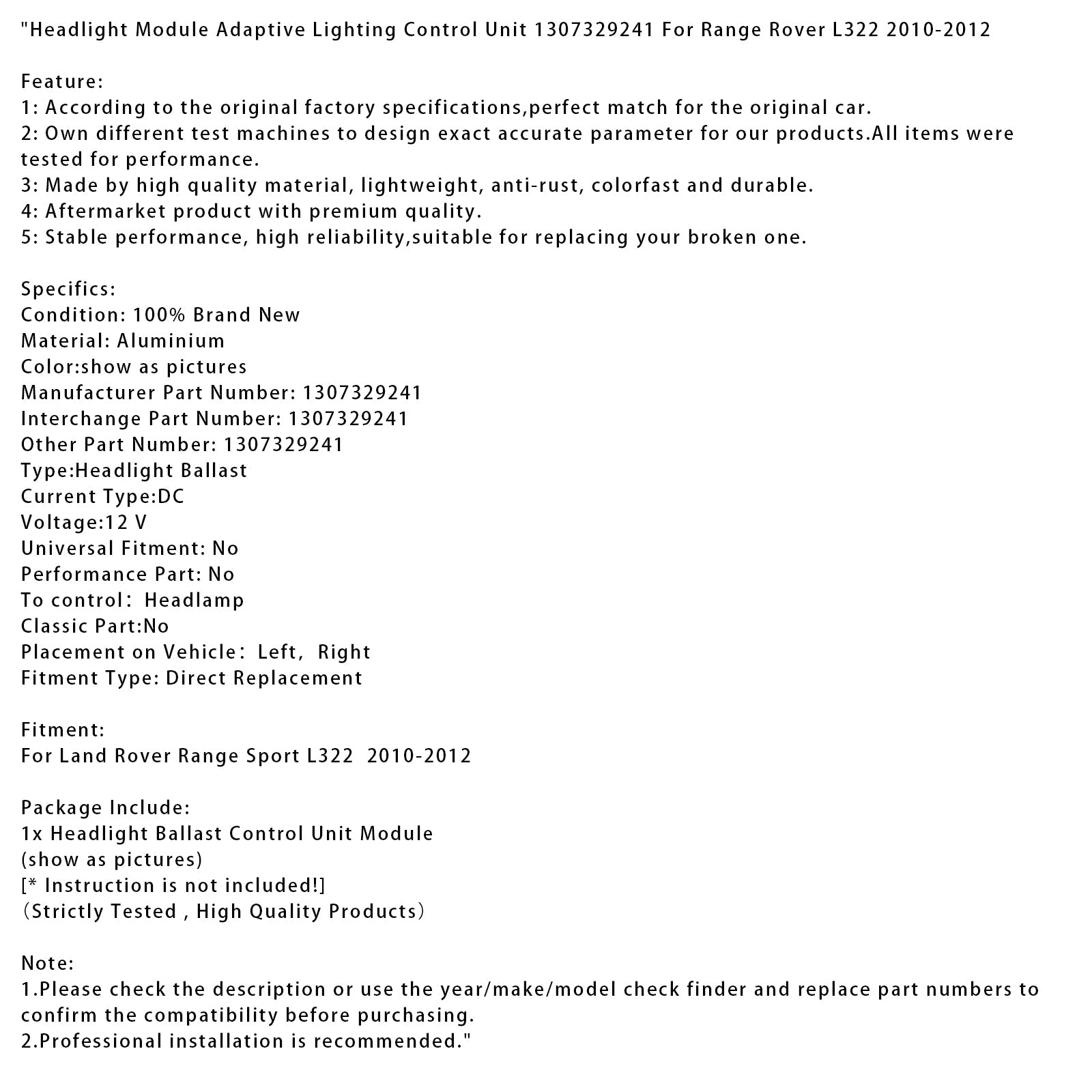 2010-2012  Land Rover Range Sport L322 Headlight Module Adaptive Lighting Control Unit 1307329241