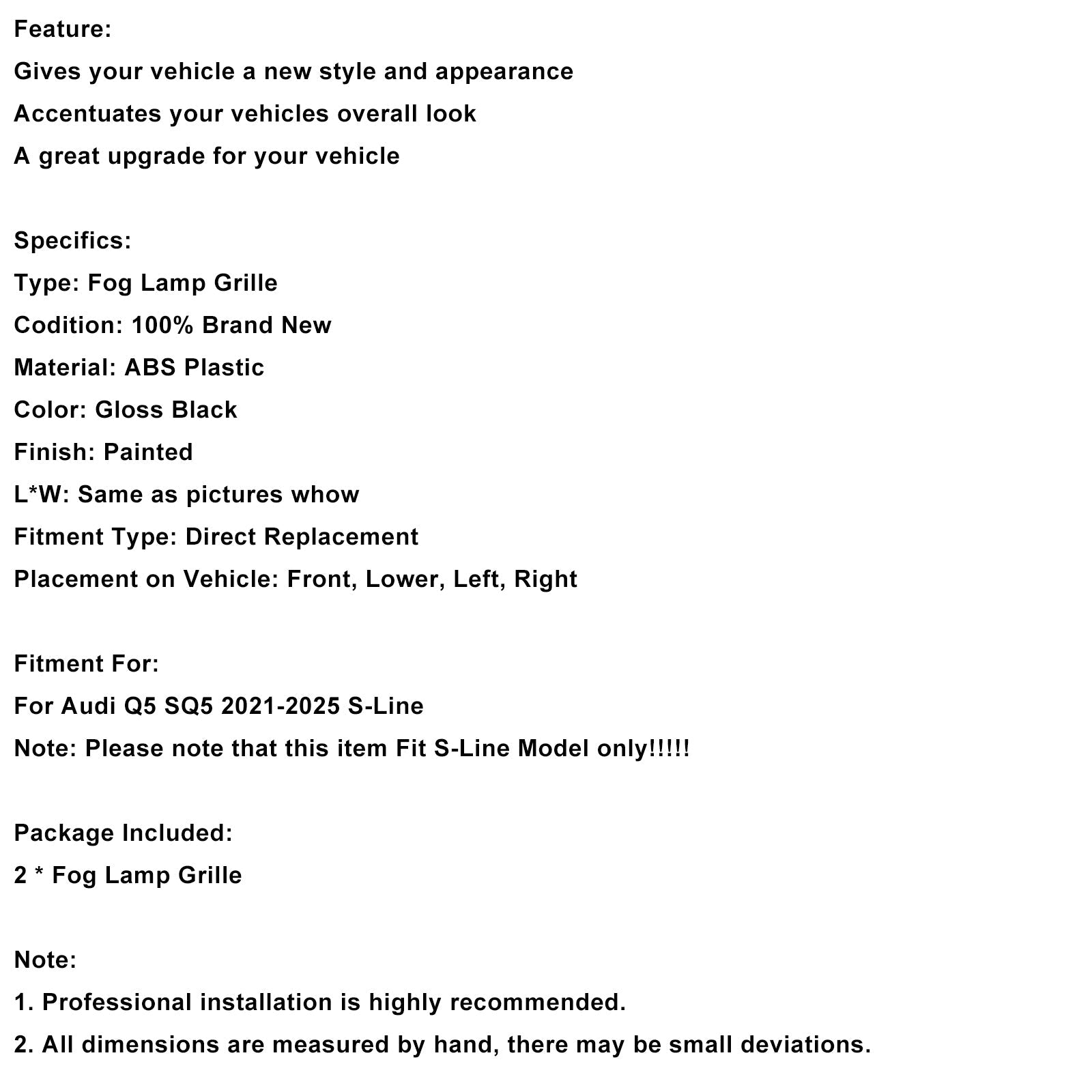 2021-2025 Audi Q5 SQ5 S-Line Black Front Fog Lamp Grille Grill Cover