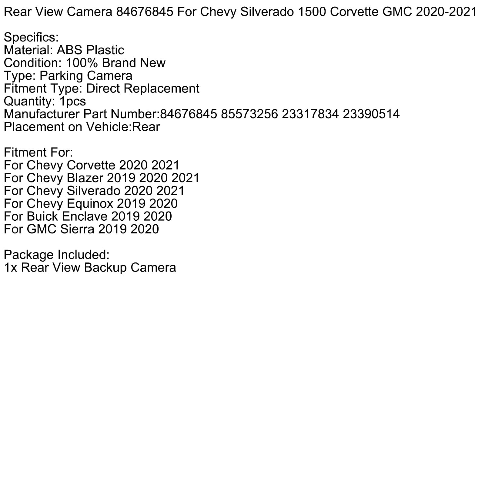 2019 2020 Buick Enclave Rear View Camera 84676845 85573256