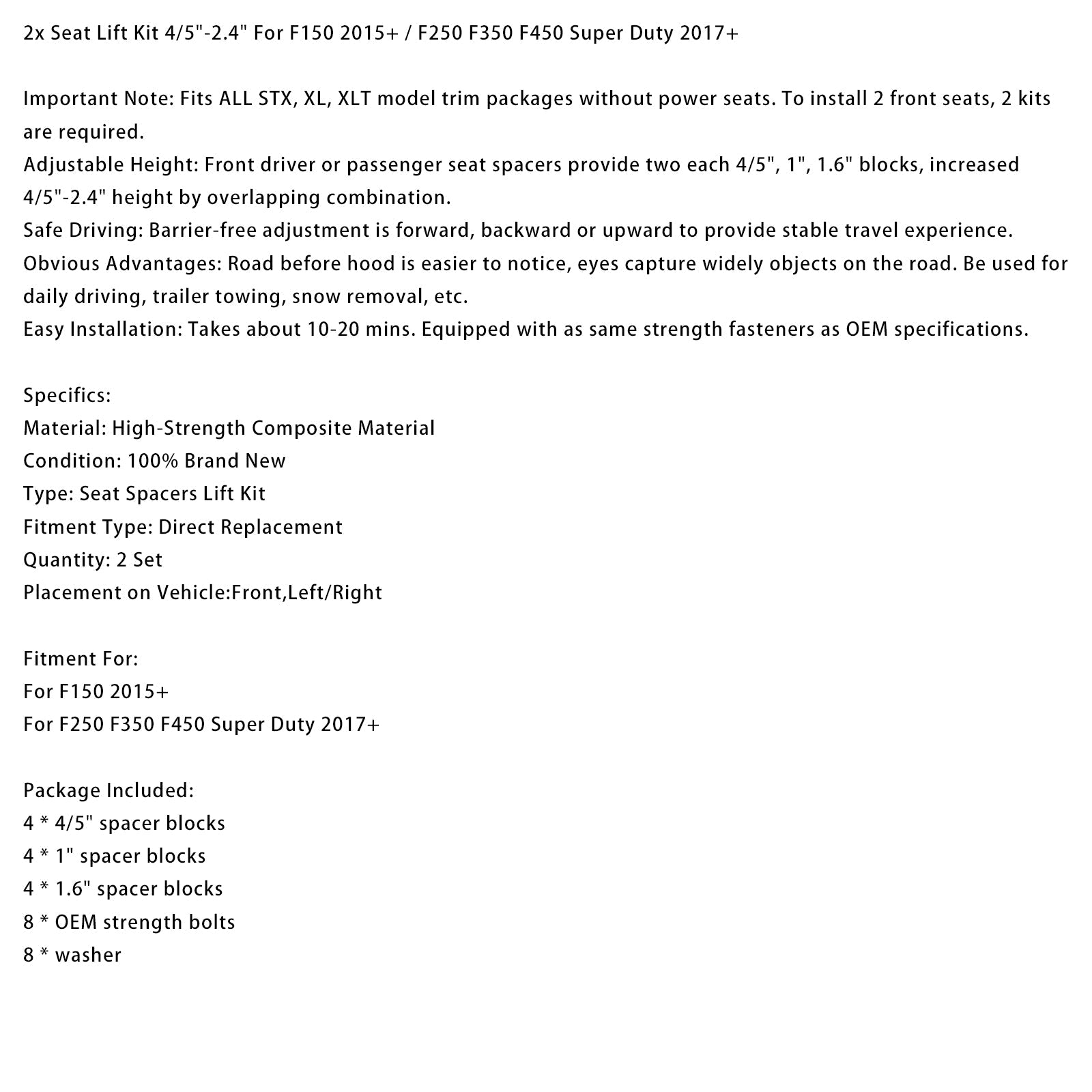 2x Seat Lift Kit 4/5"-2.4" For F150 2015+ / F250 F350 F450 Super Duty 2017+