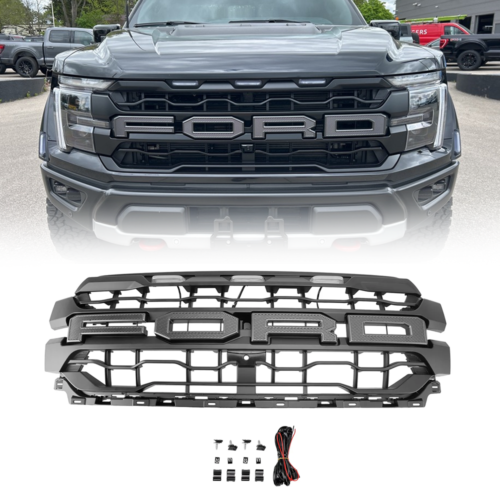 Ford F150 Front Bumper Grille Raptor Style 2024-2025 Black Replacement Grill With LED