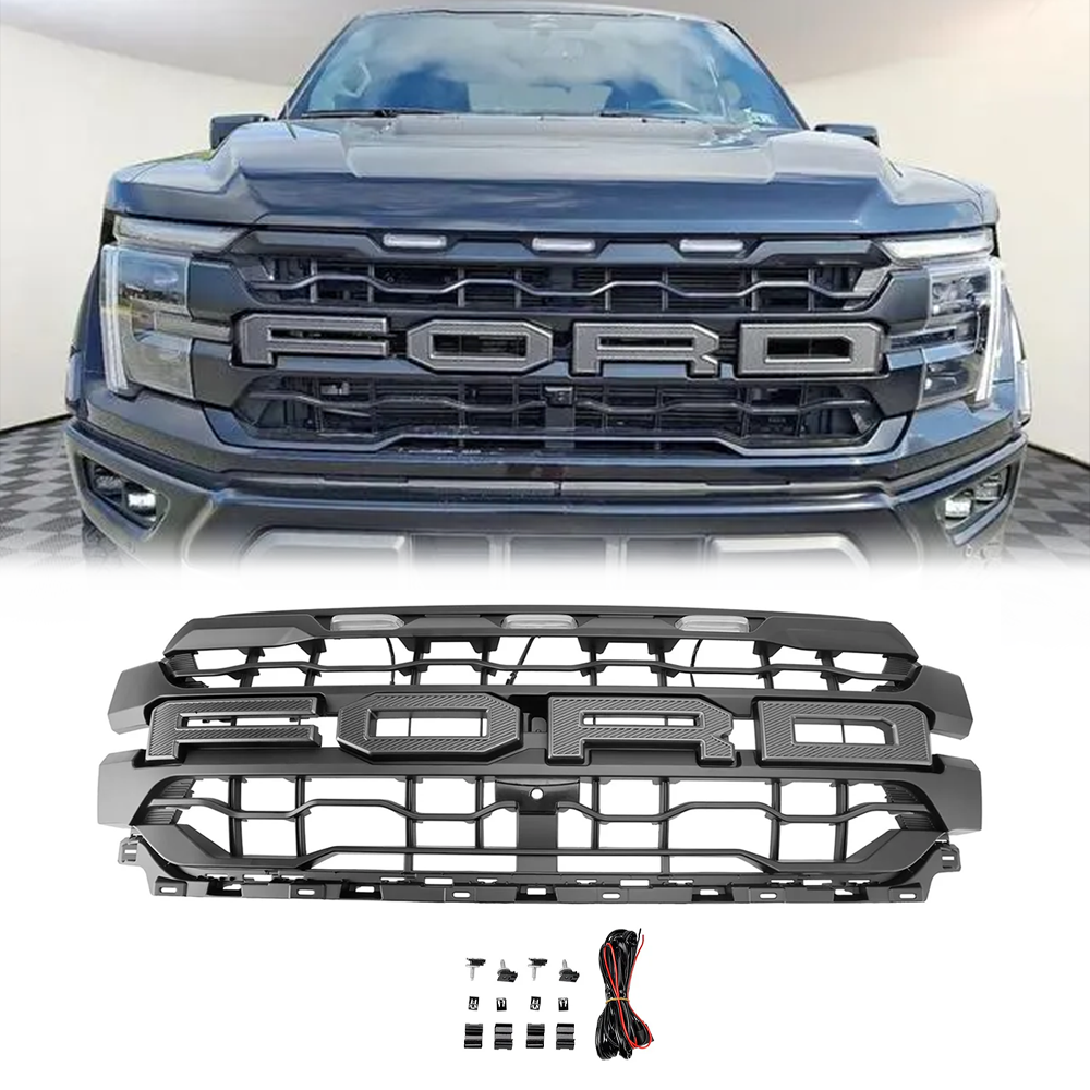 Raptor Style Grill For 2024-2025 Ford F150 Front Bumper Black Replacement Grille W/ LED Light