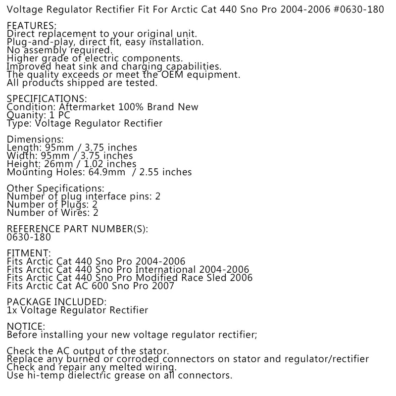 Regulador de voltaje apto para Arctic Cat Sno Pro 440 Snowmobile 2004-2006 0630-180