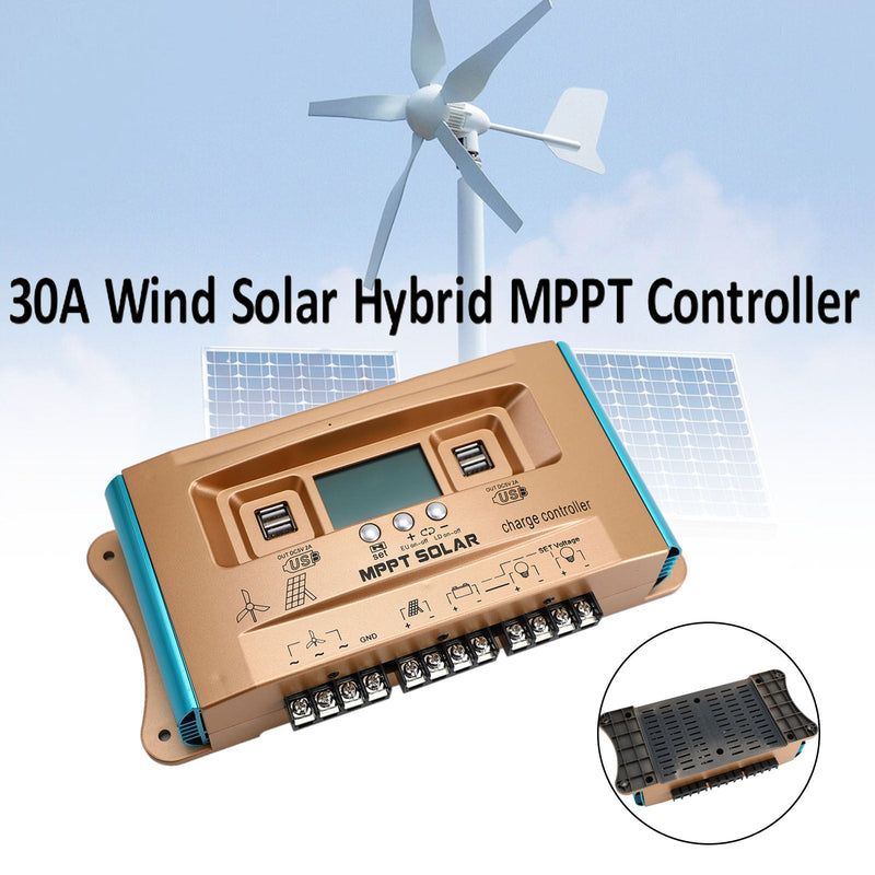 30A MPPT AUTO Dual USB Wind Solar Hybrid Charge Controller Cargador 12V-60V 