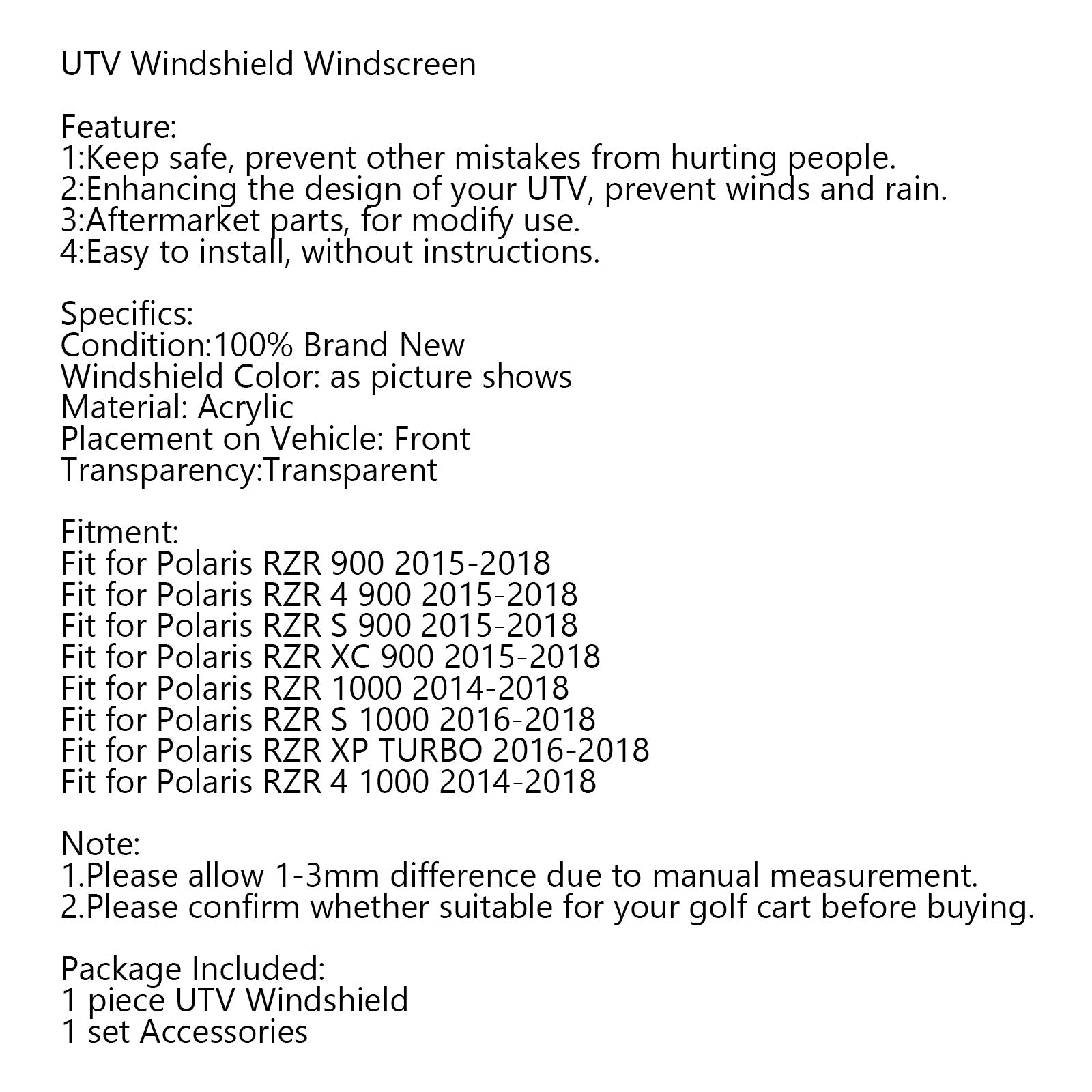 Half Windshield fit for Polaris RZR 900 15-18 RZR 1000 14-18 RZR XP TURBO 16-18 Generic