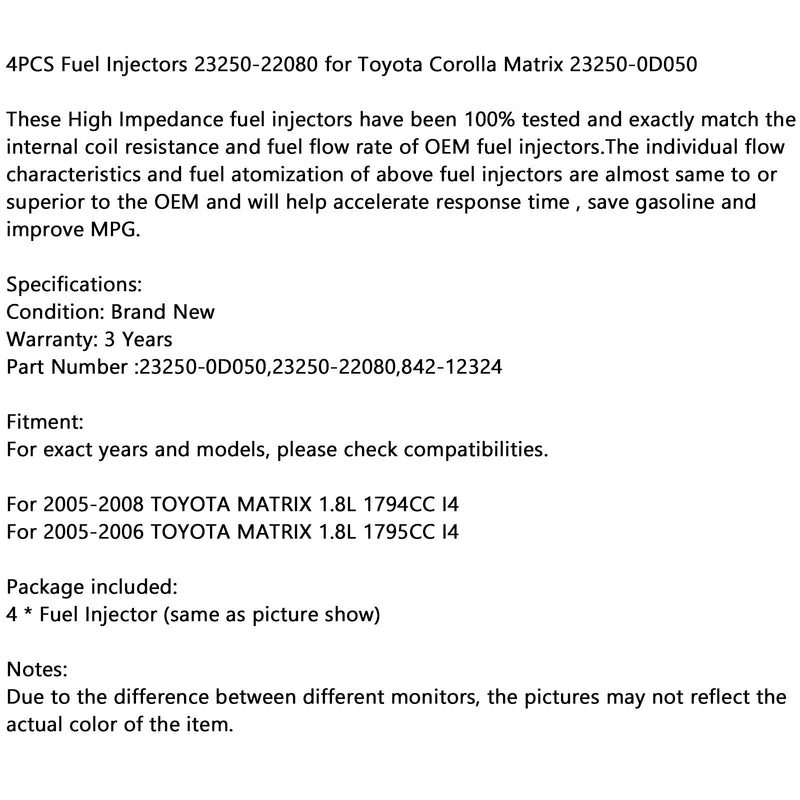 Set of 4 Fuel Injectors 23250-22080 for Toyota Corolla Matrix 23250-0D050 Generic