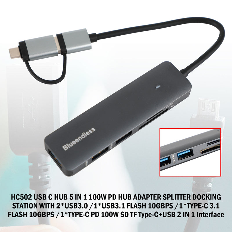 HC502 USB C Hub 5 في 1 100W Pd Hub محطة إرساء مناسبة لنظام التشغيل Windows Mac OS Linux