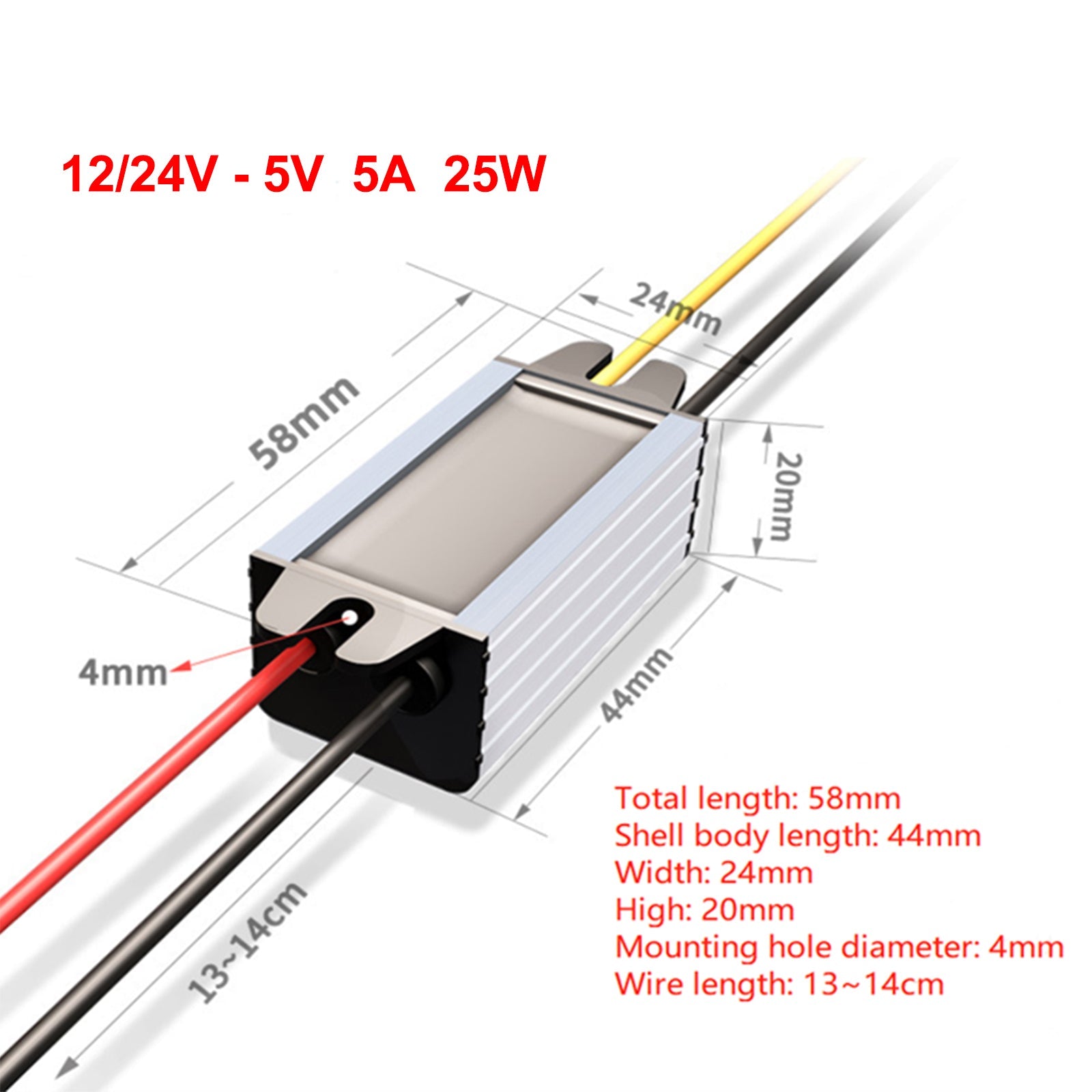 12V/24V to 5V 5A 25W Waterproof Converter Step Down Volt Module Power Supply