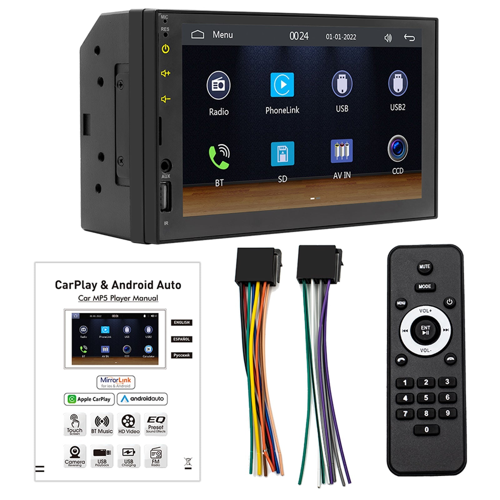 Reproductor MP5 Carplay con cable de 7 ", Bluetooth, MP3, tarjeta de coche, Radio + cámara de 4 LED