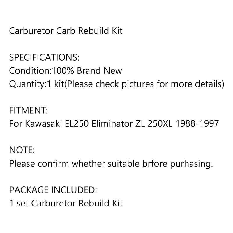 Motorcycle Carburetor Repair Kit For Kawasaki EL250 Eliminator ZL 250XL 1988-1997 Generic