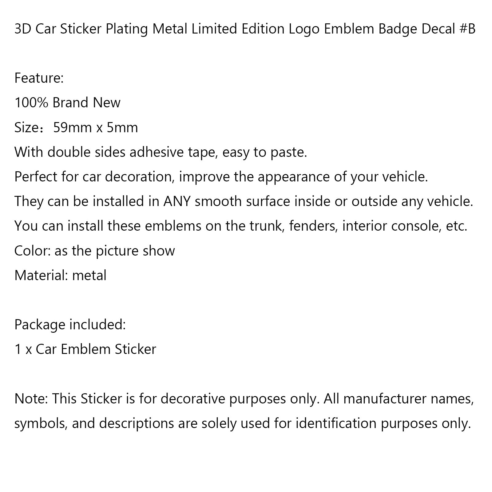 3D Car Sticker Plating Metal Limited Edition Logo Emblem Badge Decal #B Generic