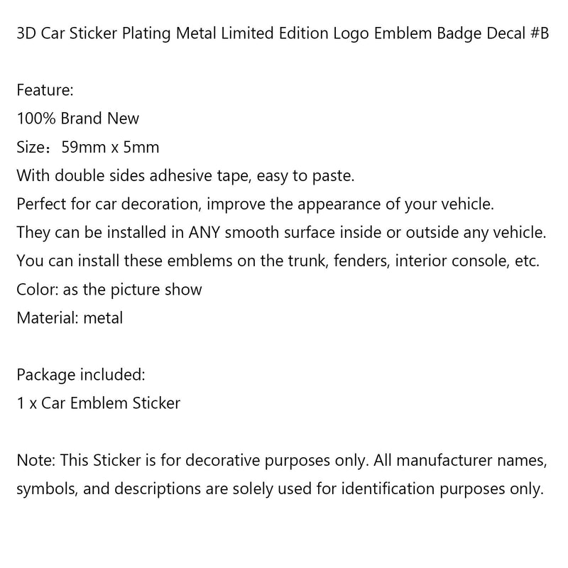 3D Car Sticker Plating Metal Limited Edition Logo Emblem Badge Decal