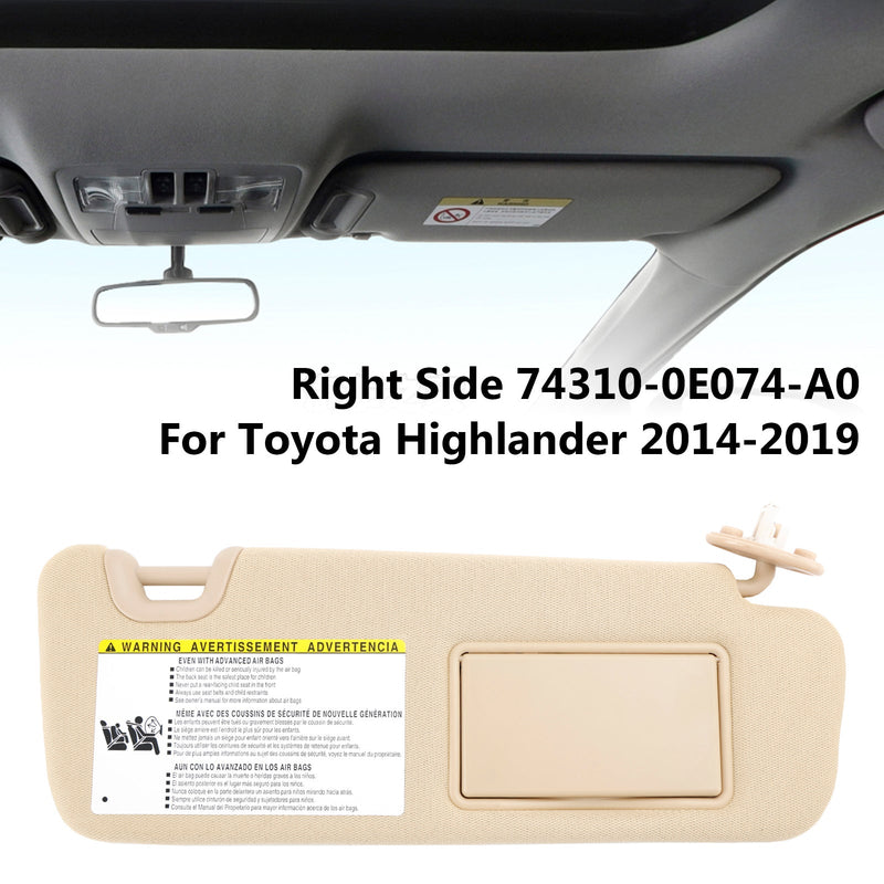 Toyota Highlander 2014-2019 Visera solar lateral derecha con luz de tocador 74310-0E074-A0
